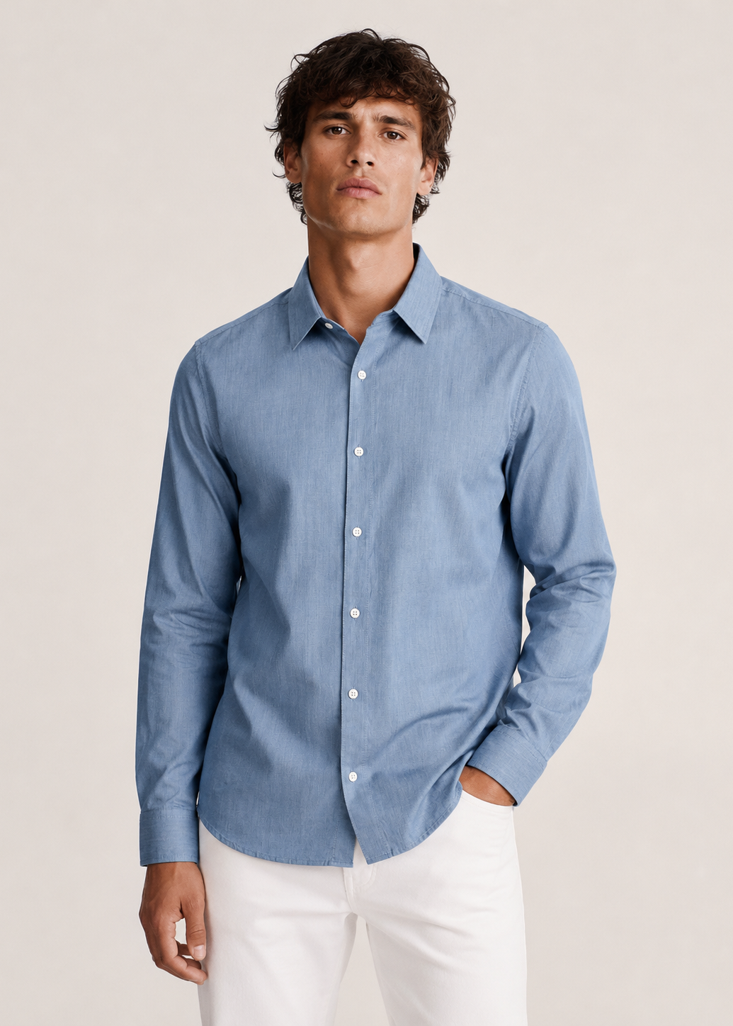 Men's Light Blue Denim 100% Cotton Slim Fit Casual Shirt | MARK & ALBERT
