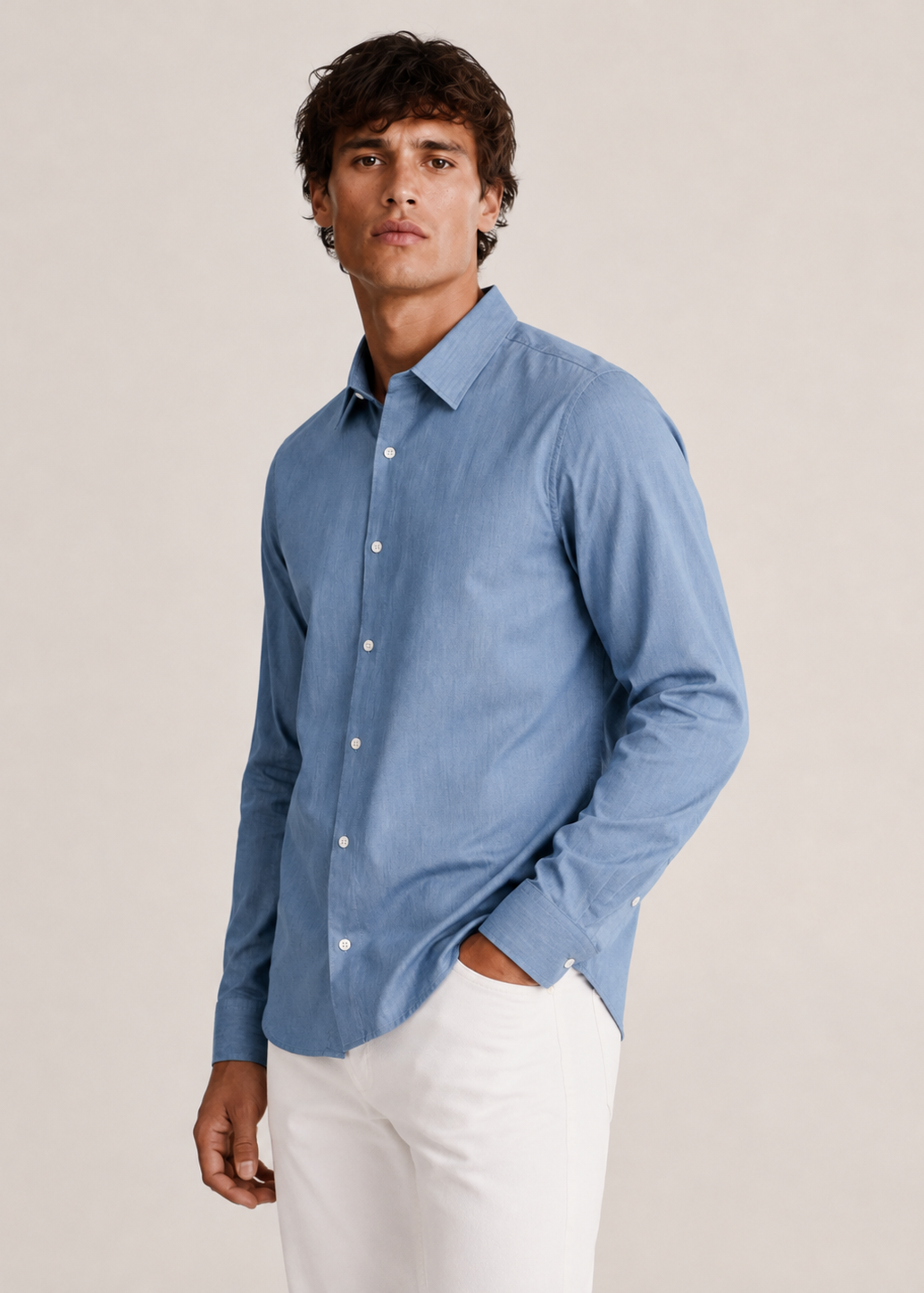 Men's Light Blue Denim 100% Cotton Slim Fit Casual Shirt | MARK & ALBERT