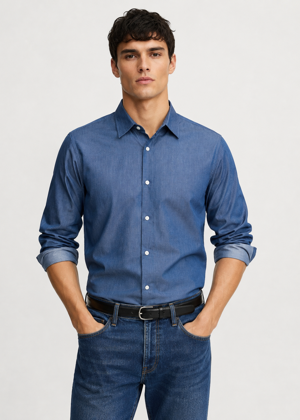 Men's Blue Denim 100% Cotton Slim Fit Casual Shirt | MARK & ALBERT