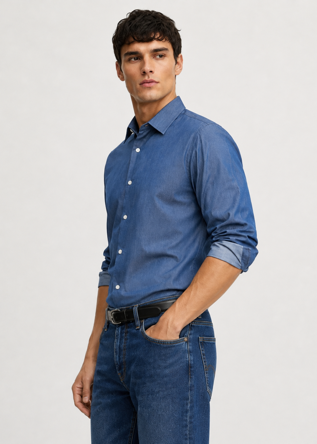 Men's Blue Denim 100% Cotton Slim Fit Casual Shirt | MARK & ALBERT