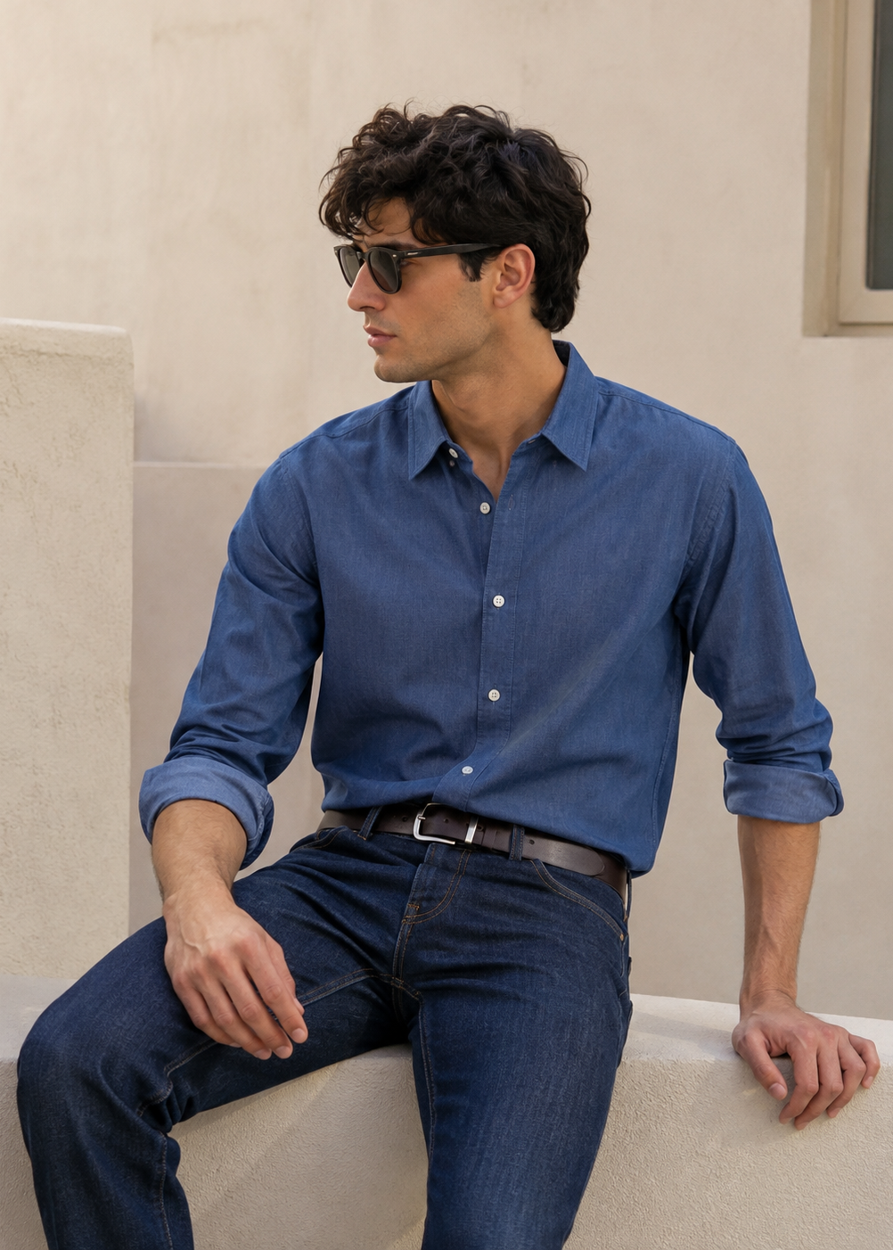 Men's Blue Denim 100% Cotton Slim Fit Casual Shirt | MARK & ALBERT