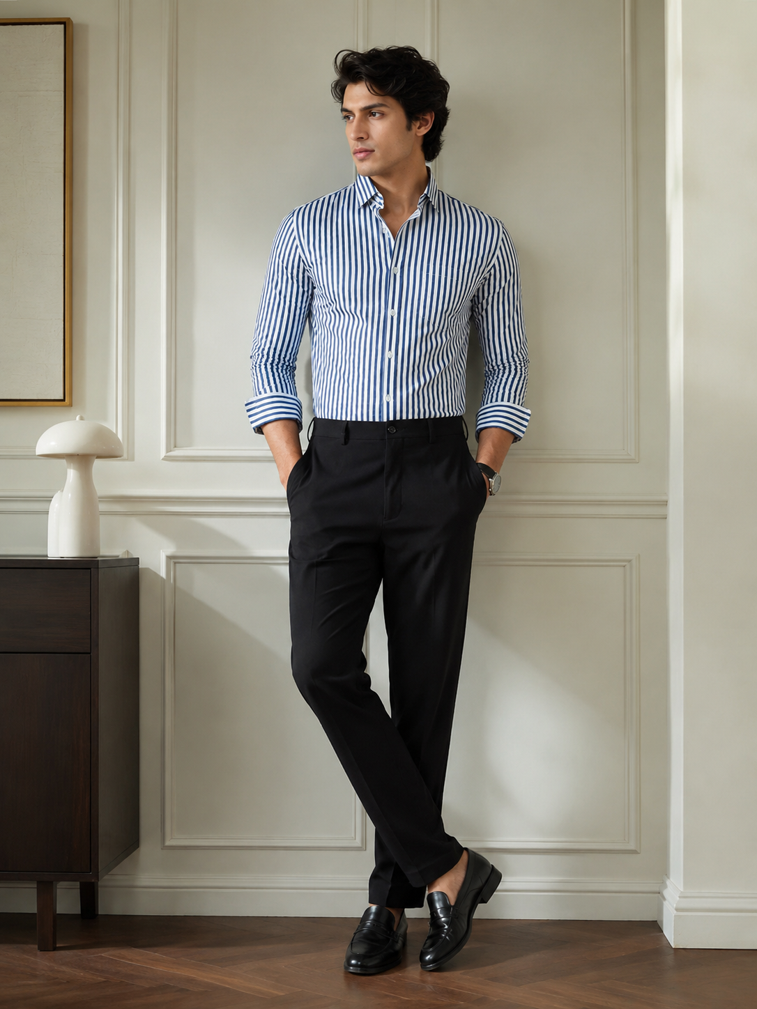Men's Slim-Fit Blue 100% Cotton Striped Shirt | Mark & Albert