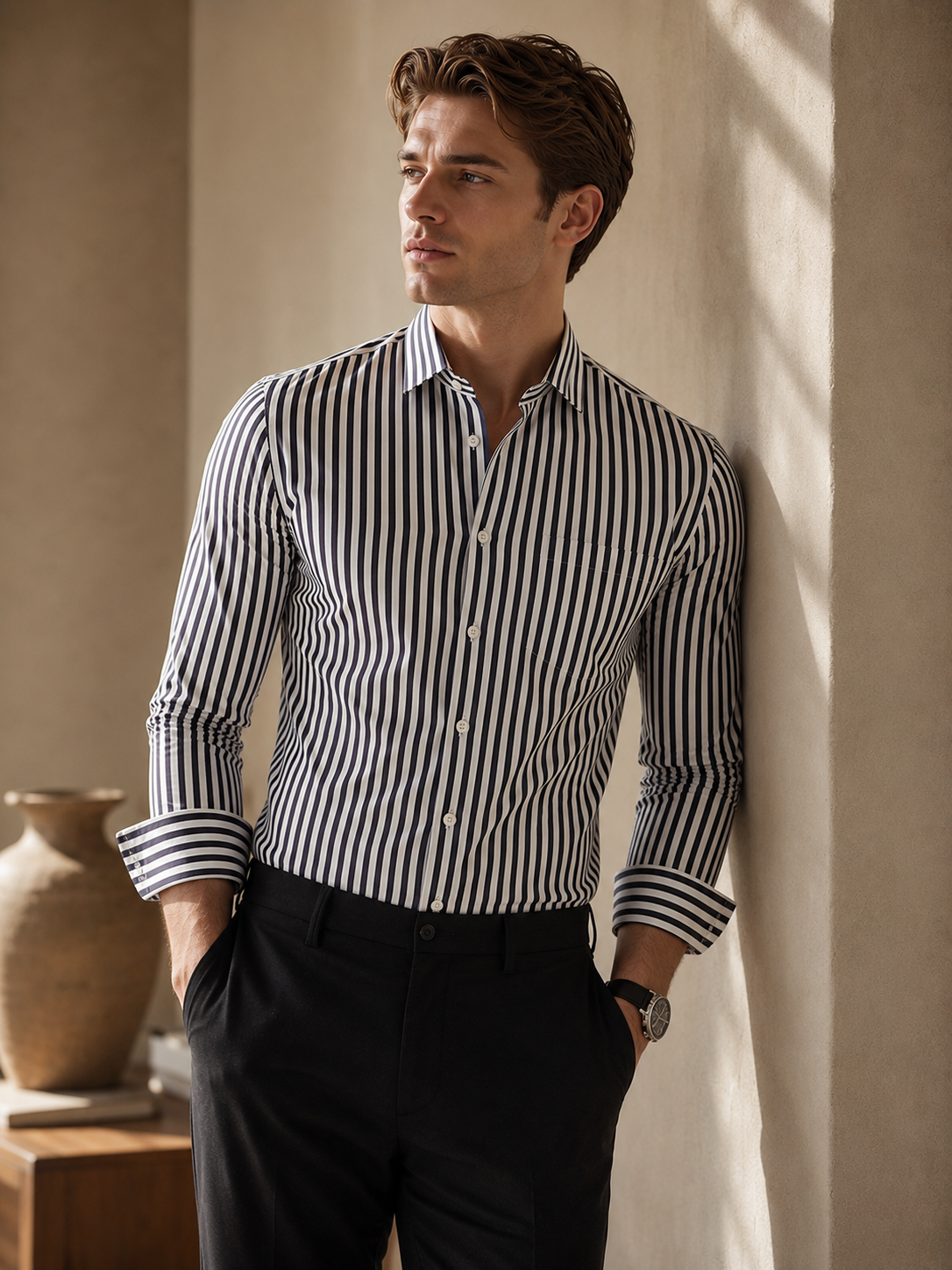 Men's 100% Cotton Black Striped Shirt