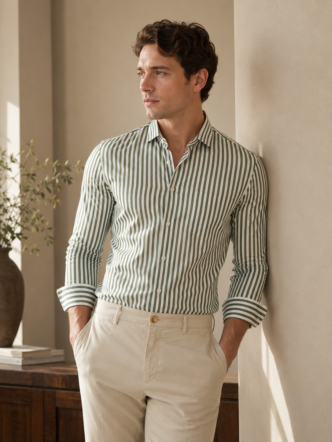 Men's 100% Cotton Green Striped Shirt