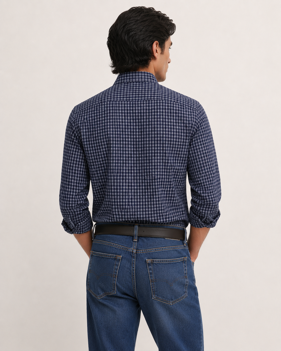 Men's Blue Checks Cotton Semi Formal Slim Fit Shirt | MARK & ALBERT