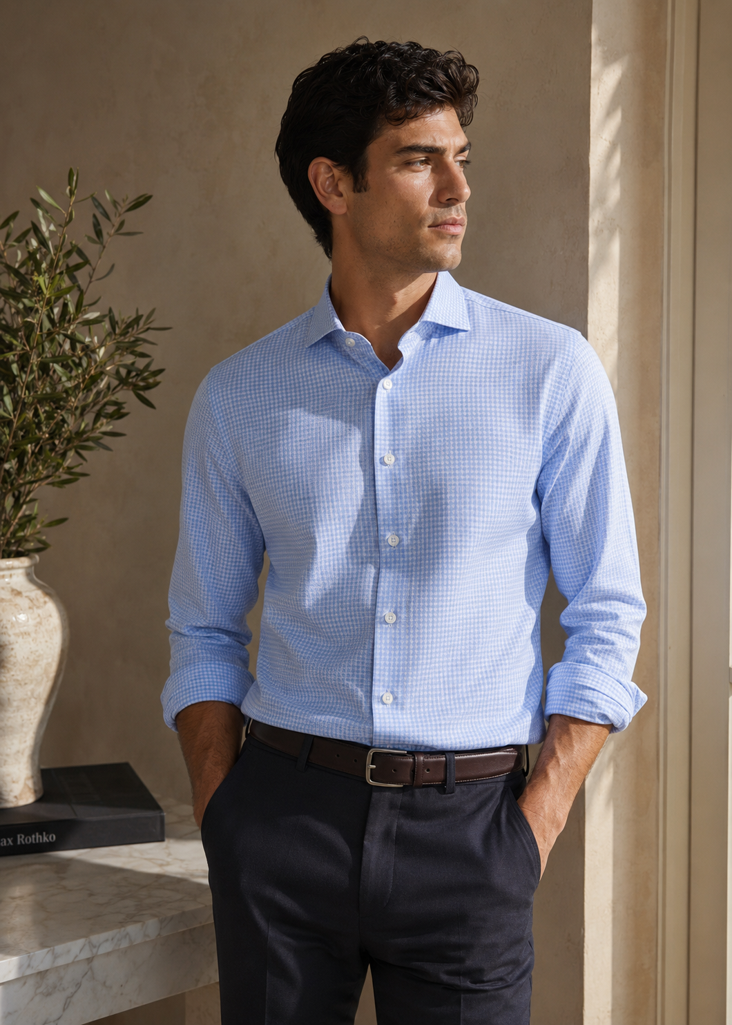 Men's Sky Blue Giza Cotton Textured Formal Shirt Slim Fit | MARK & ALBERT