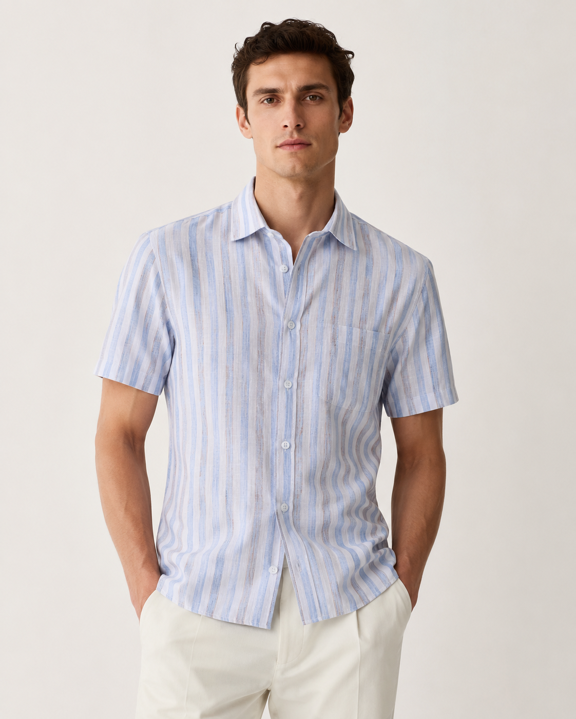 Men's Half Sleeves Linen Striped Casual Shirt Slim Fit | MARK & ALBERT