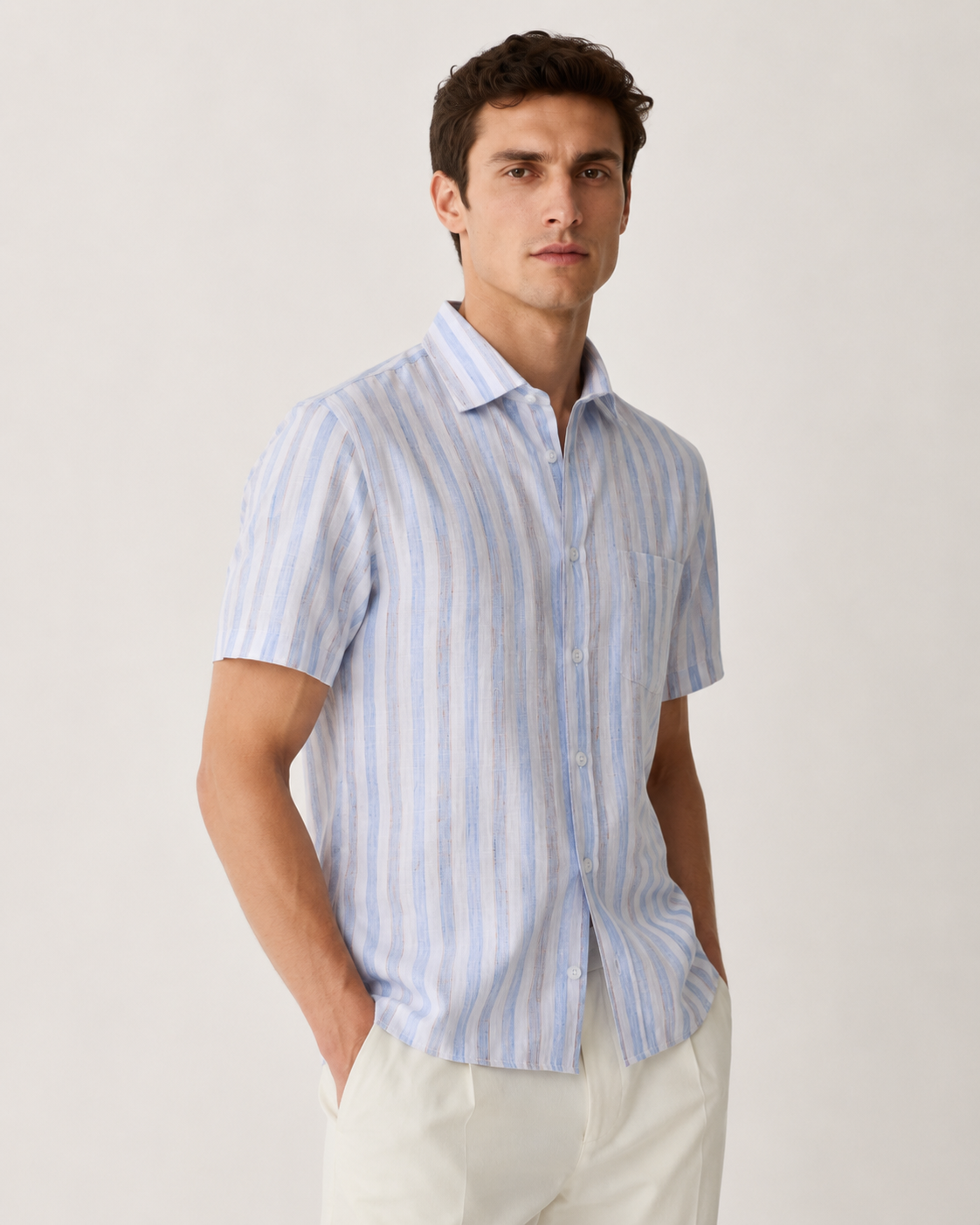 Men's Half Sleeves Linen Striped Casual Shirt Slim Fit | MARK & ALBERT