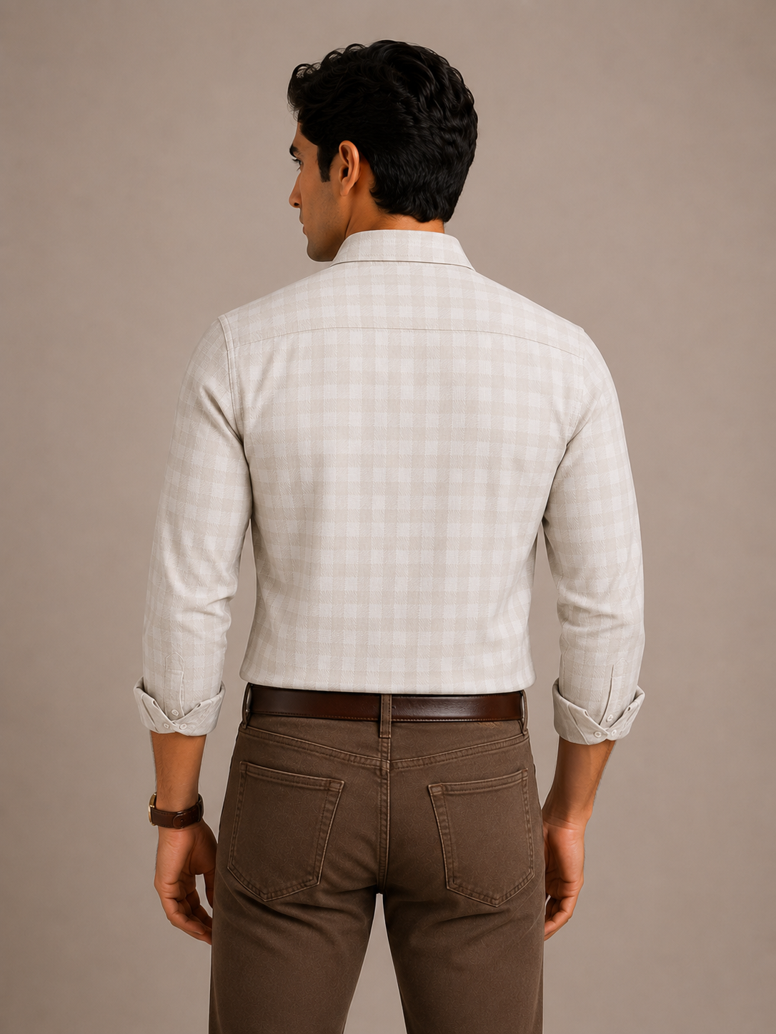 Men's Beige Herringbone Check Slim Fit 100% Cotton Shirt | MARK & ALBERT