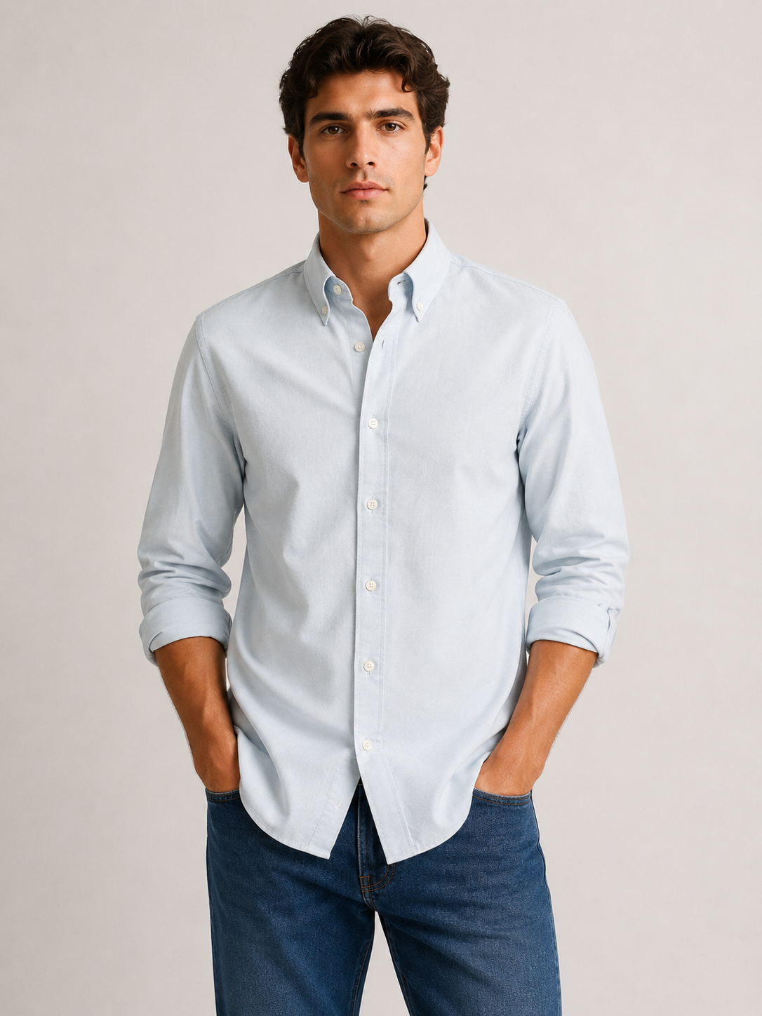 Men's Sky Blue 100% Cotton Oxford Slim Fit Button-Down Shirt | MARK & ALBERT