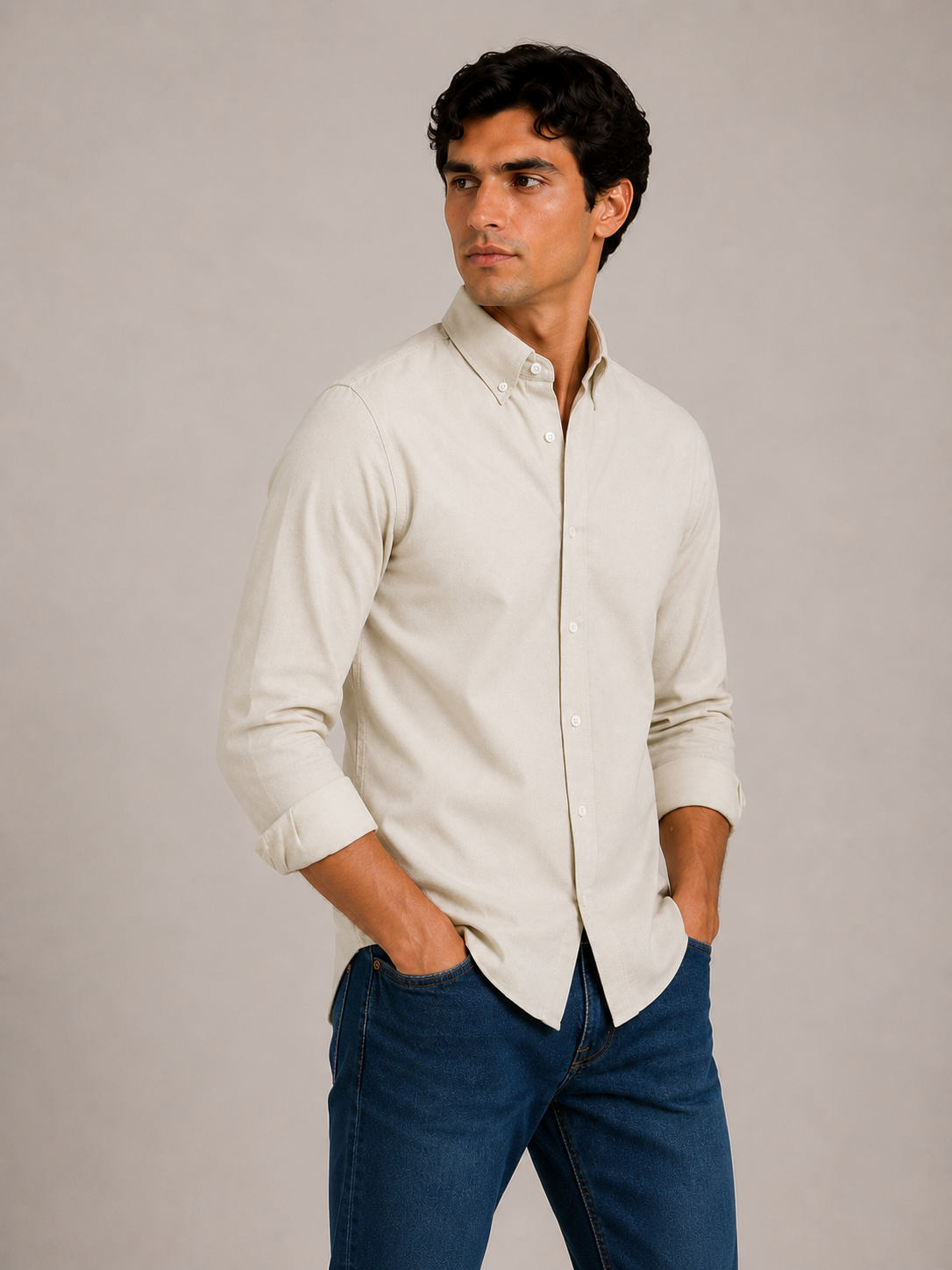 Men's Beige 100% Cotton Oxford Slim Fit Button-Down Shirt | MARK & ALBERT