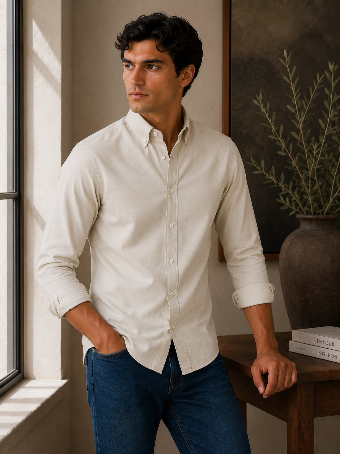 Men's Beige 100% Cotton Oxford Slim Fit Button-Down Shirt | MARK & ALBERT