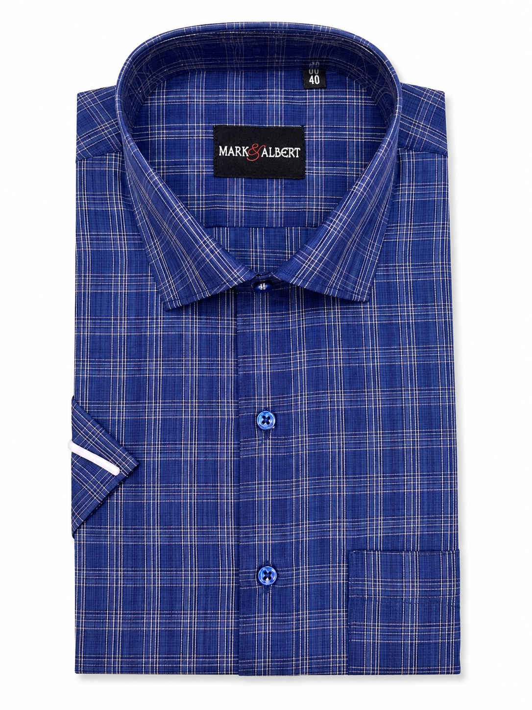 Men's Blue Check Cotton Regular Fit Half Sleeve Formal Shirt | MARK & ALBERT