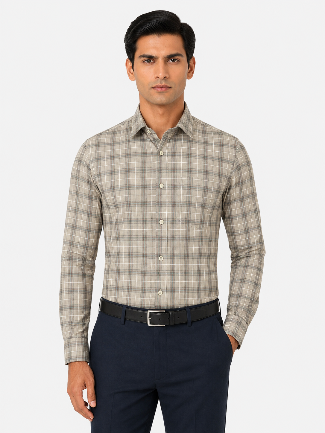 Men’s Beige Checkered 100% Cotton Slim Fit Formal Shirt | MARK & ALBERT