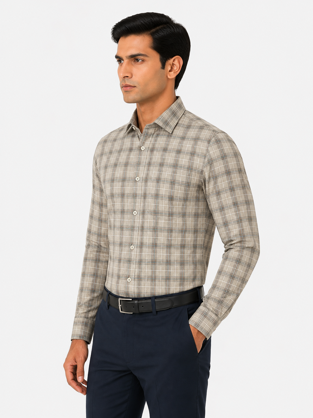 Men’s Beige Checkered 100% Cotton Slim Fit Formal Shirt | MARK & ALBERT