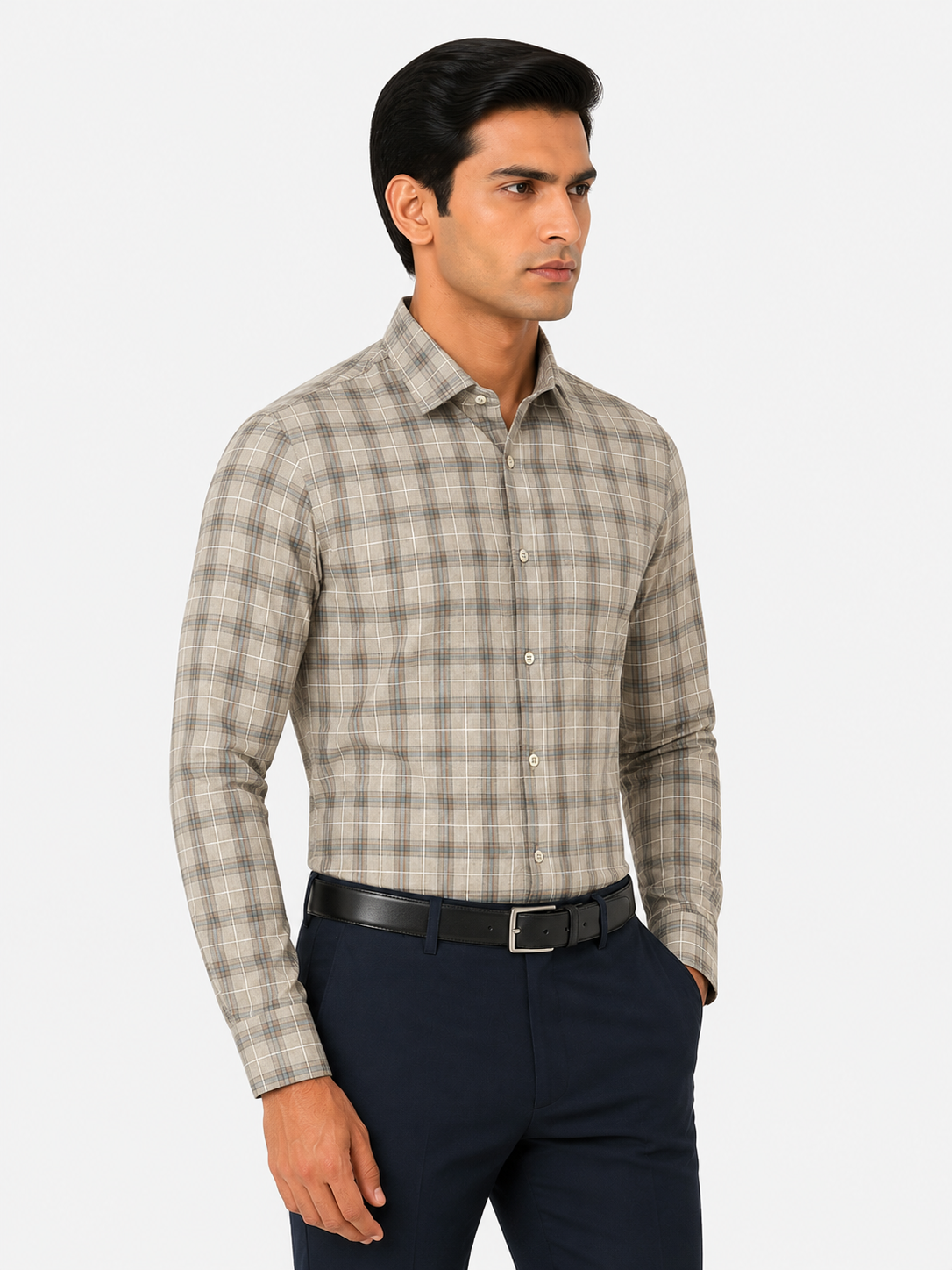 Men’s Beige Checkered 100% Cotton Slim Fit Formal Shirt | MARK & ALBERT