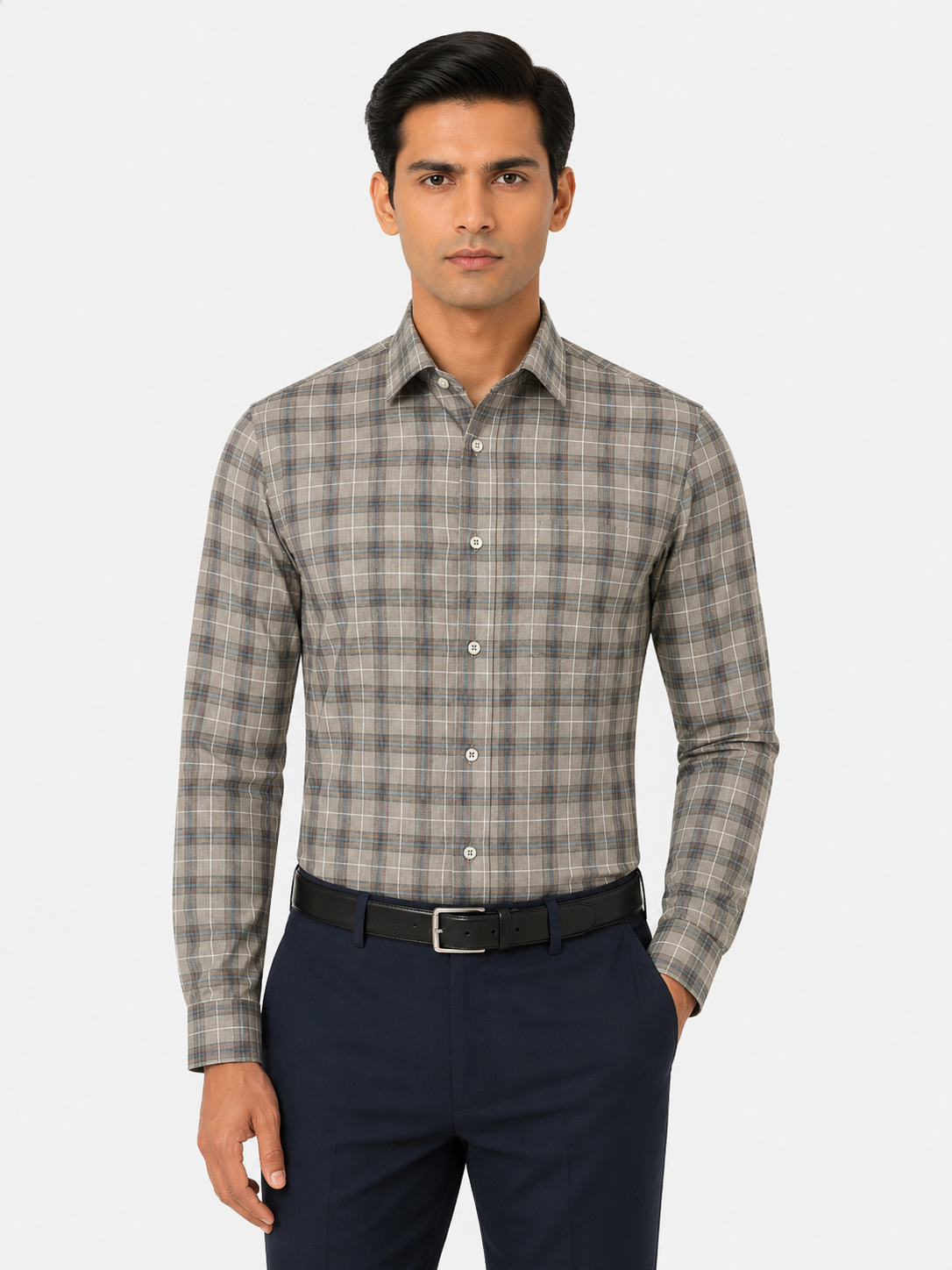 Men’s Grey Checkered 100% Cotton Slim Fit Formal Shirt | MARK & ALBERT