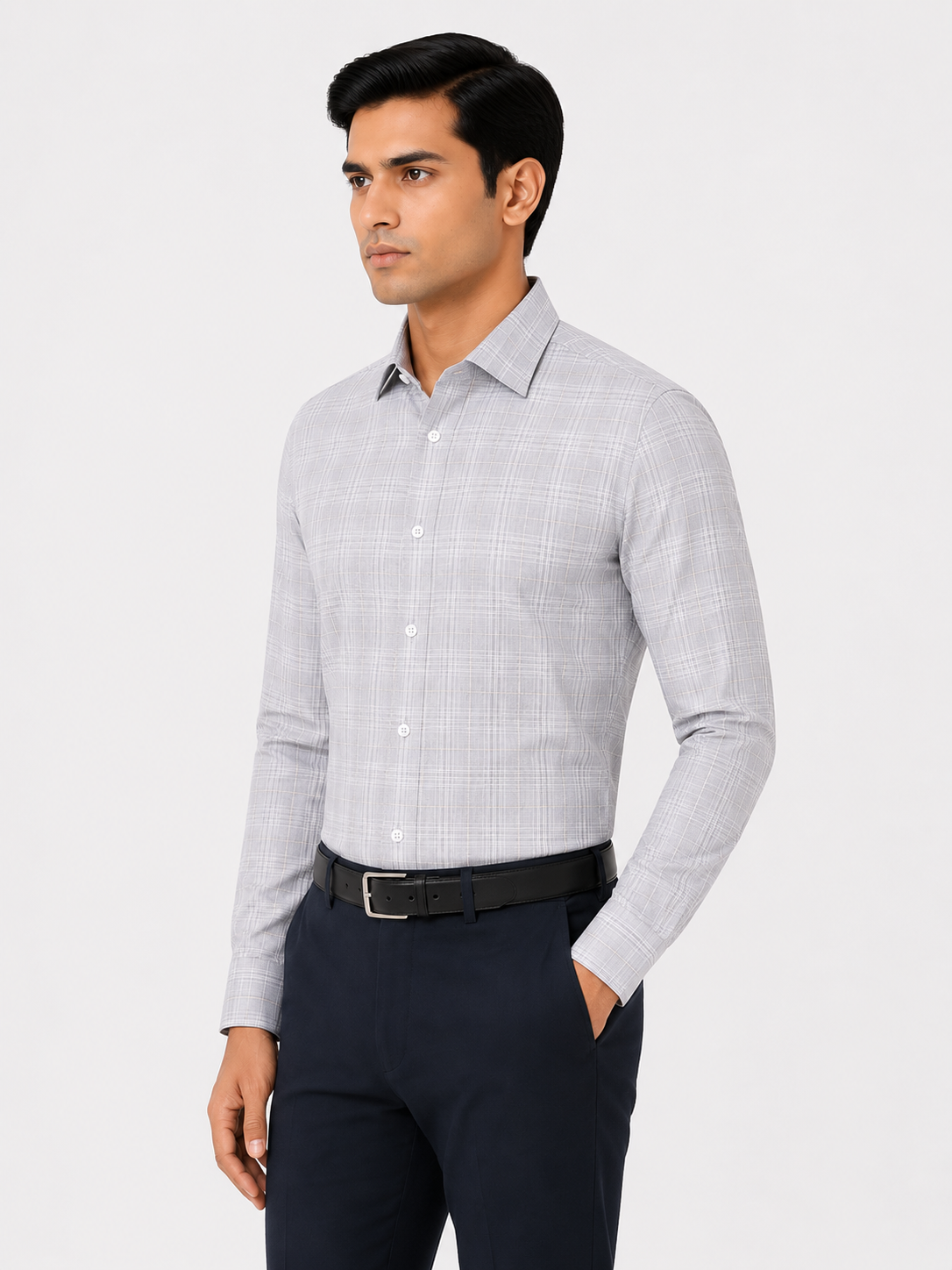 Men’s Grey Grid Checkered 100% Cotton Slim Fit Formal Shirt | MARK & ALBERT