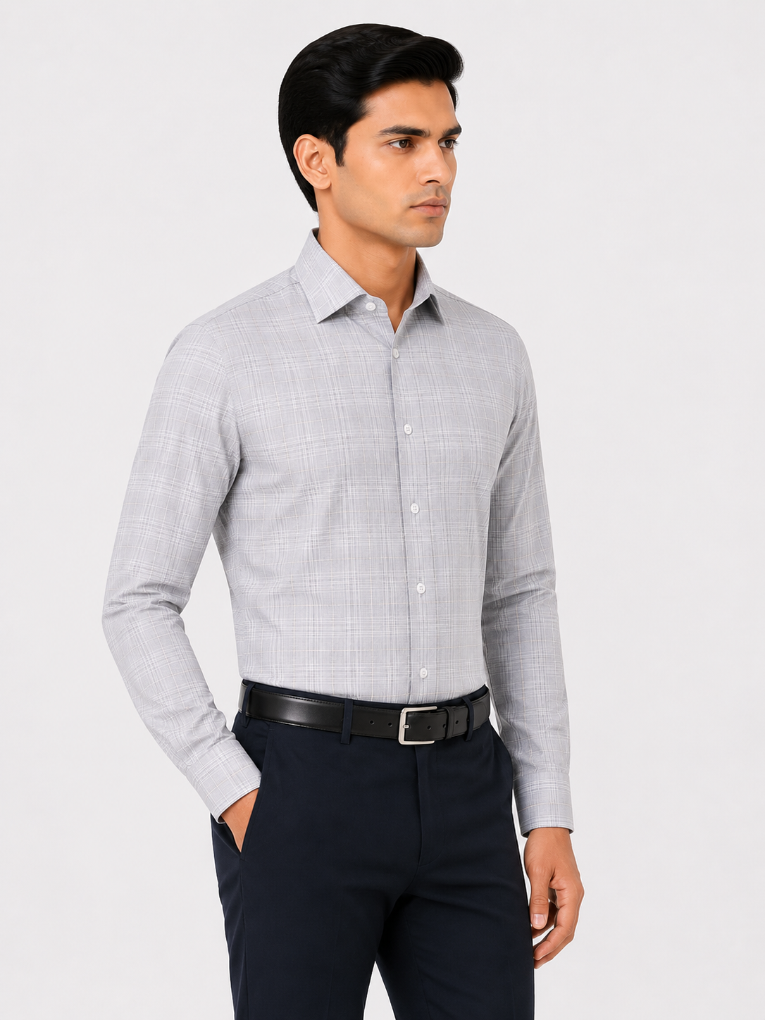 Men’s Grey Grid Checkered 100% Cotton Slim Fit Formal Shirt | MARK & ALBERT