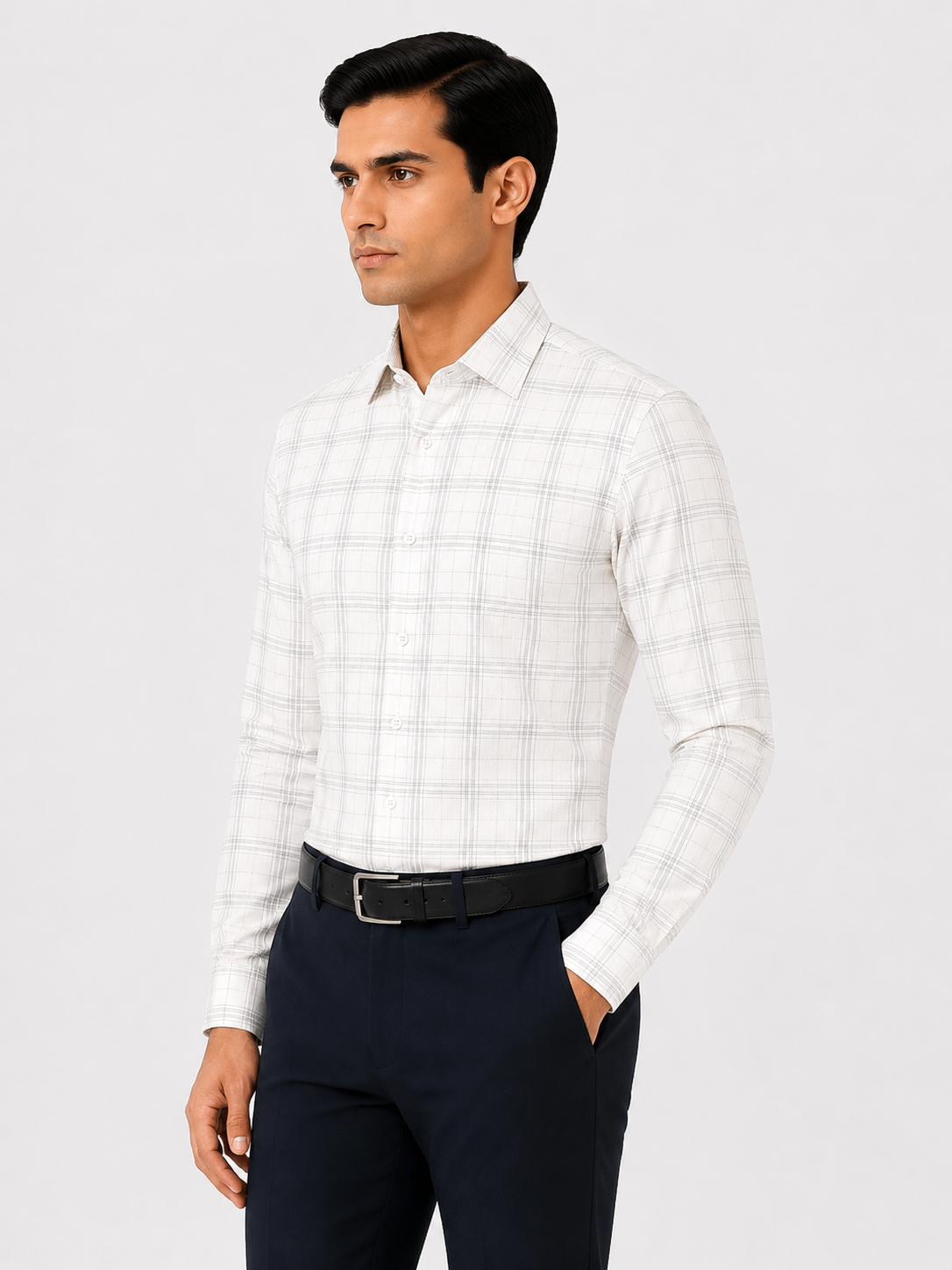 Men’s White Grid Checkered 100% Cotton Slim Fit Formal Shirt | MARK & ALBERT