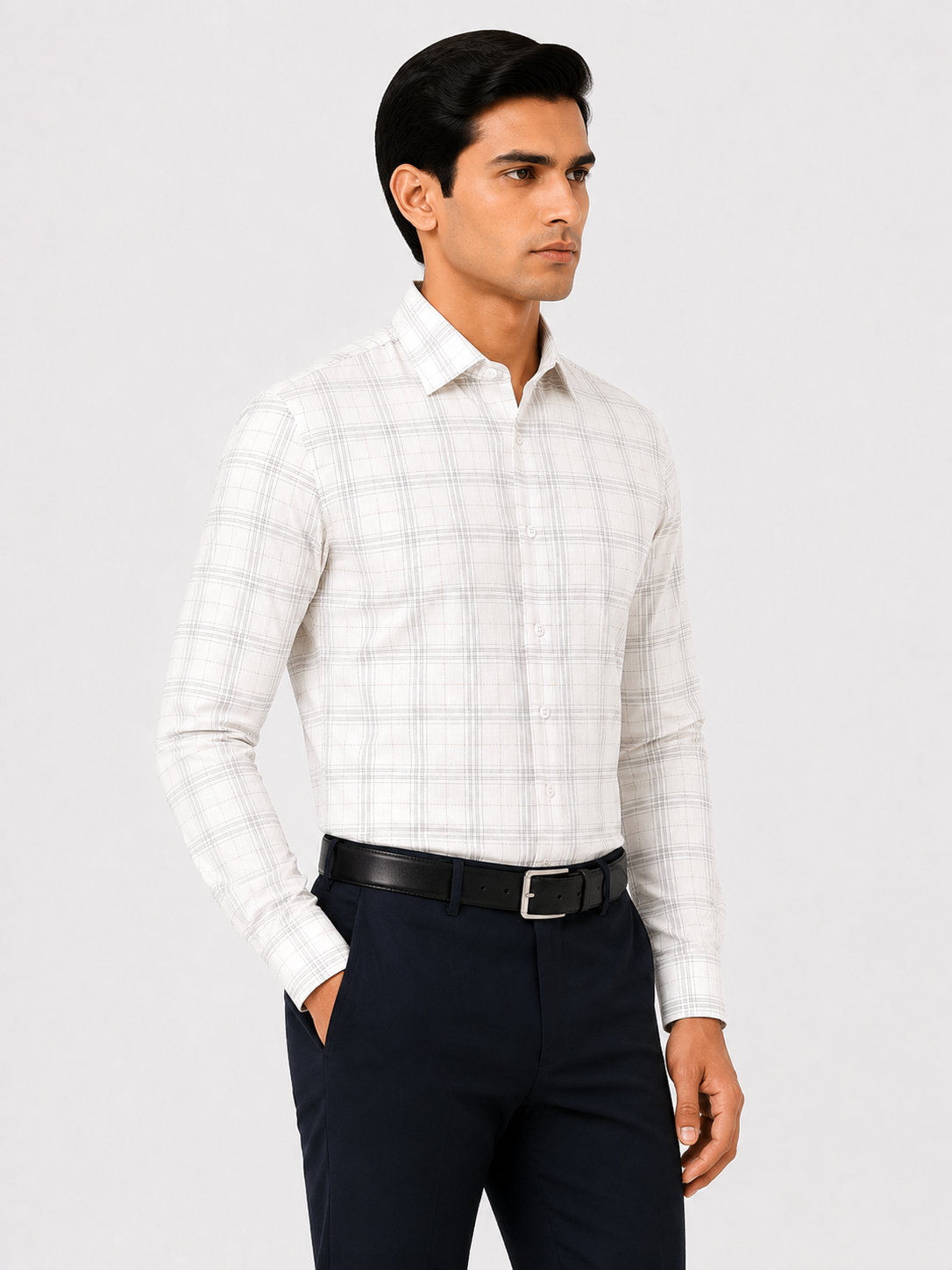 Men’s White Grid Checkered 100% Cotton Slim Fit Formal Shirt | MARK & ALBERT