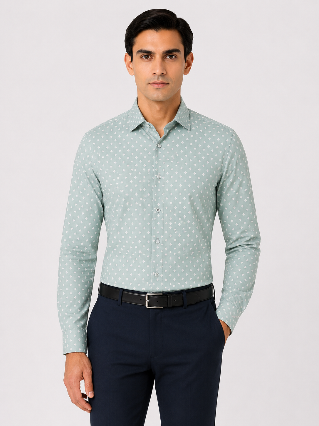Men’s Mint Green Printed 100% Cotton Slim Fit Formal Shirt | MARK & ALBERT