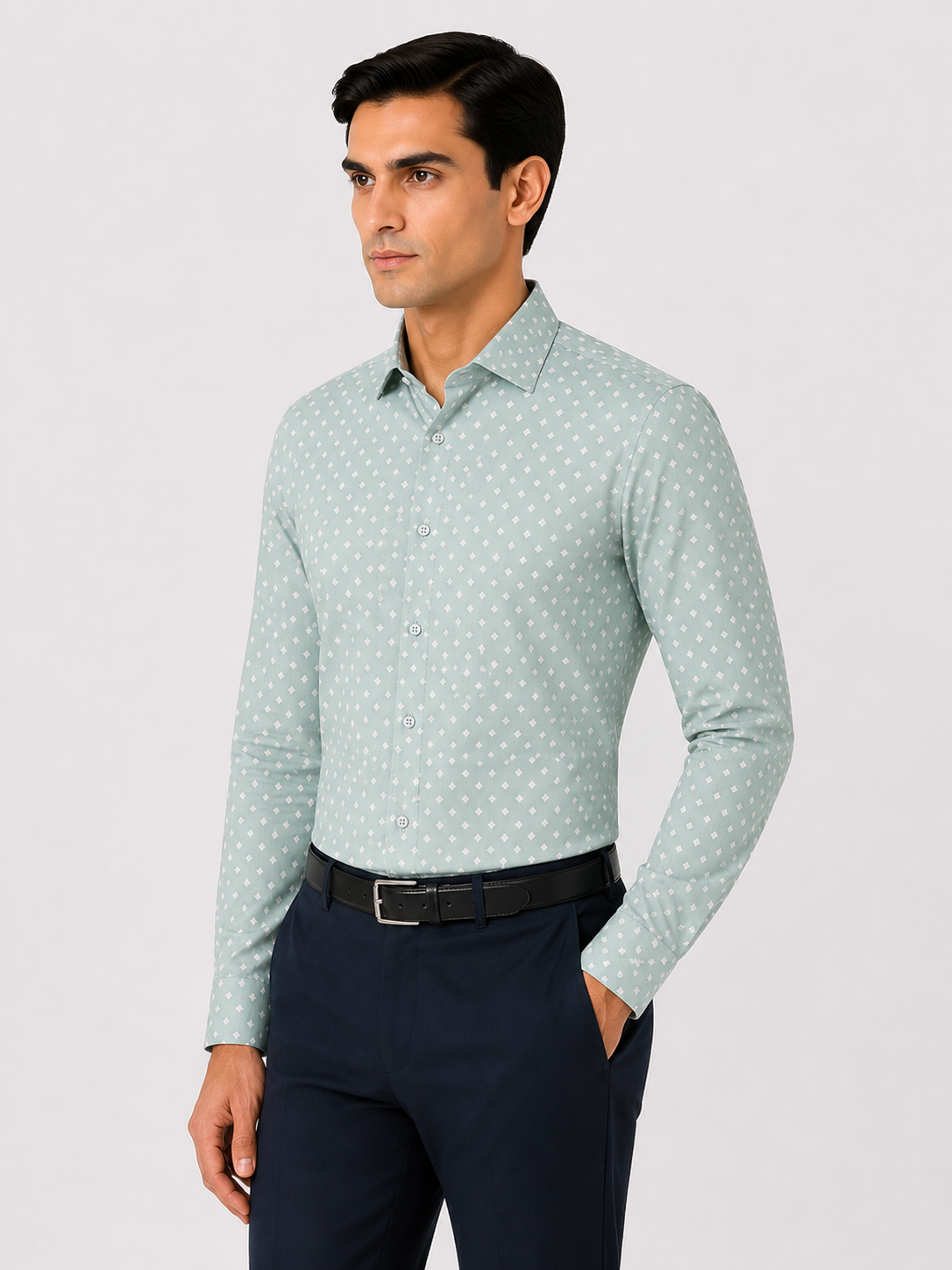 Men’s Mint Green Printed 100% Cotton Slim Fit Formal Shirt | MARK & ALBERT