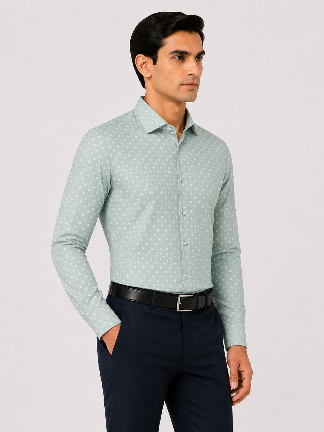 Men’s Mint Green Printed 100% Cotton Slim Fit Formal Shirt | MARK & ALBERT