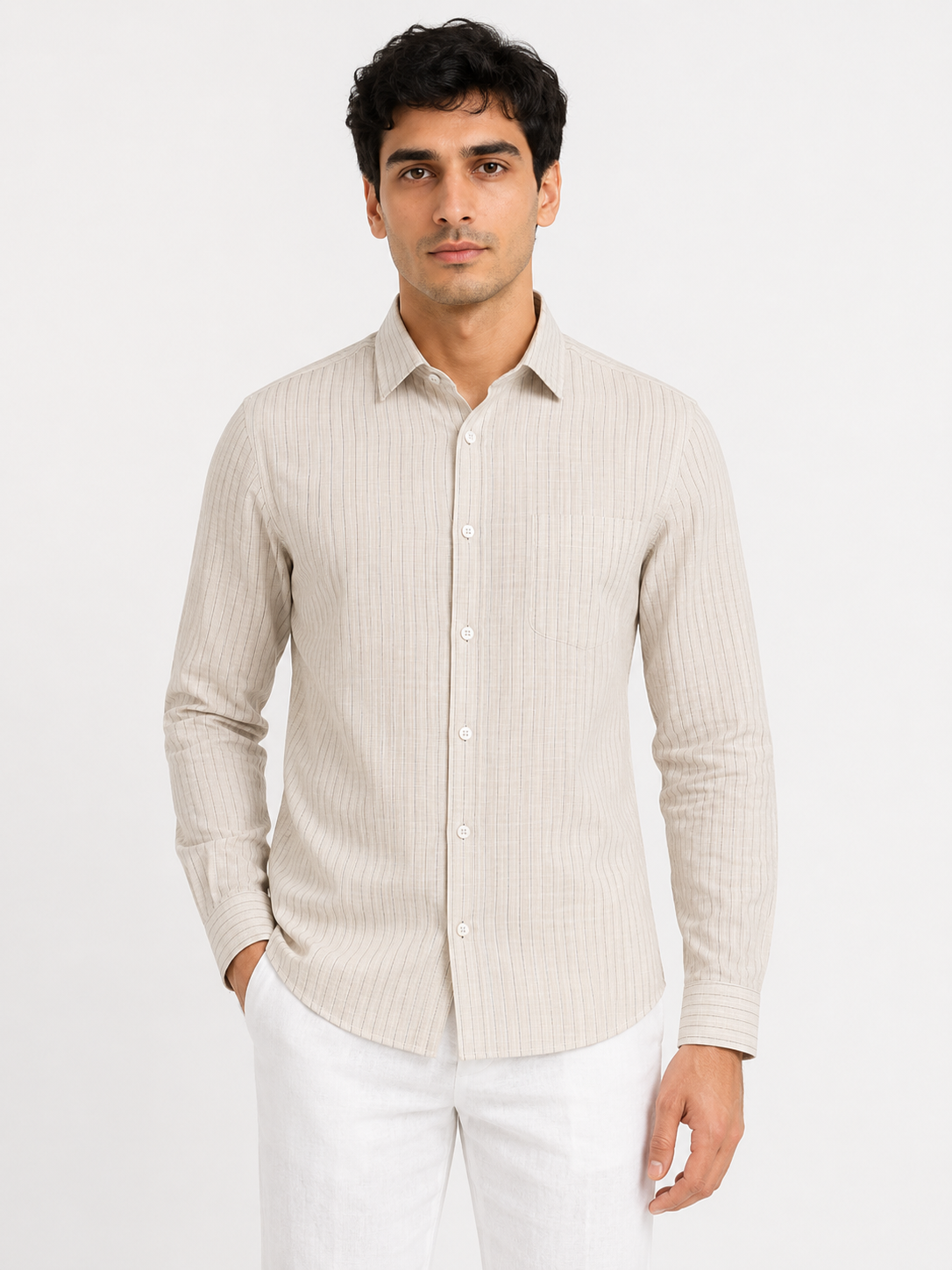 Men’s Beige Striped Cotton-Linen Blend Slim Fit Semi Formal Shirt | MARK & ALBERT