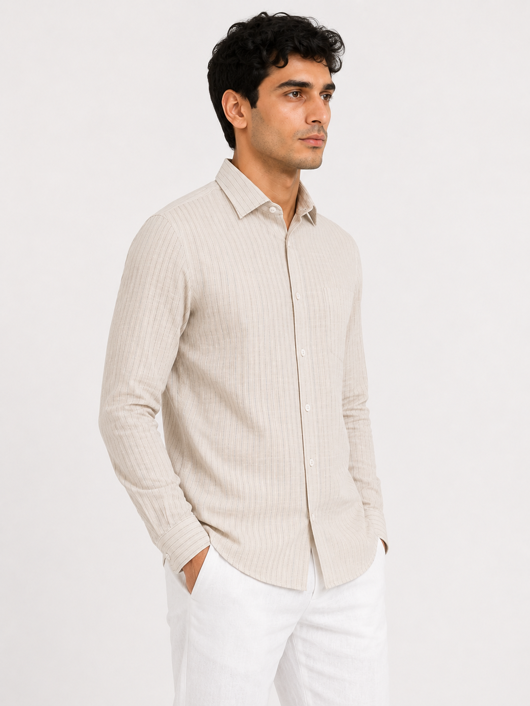 Men’s Beige Striped Cotton-Linen Blend Slim Fit Semi Formal Shirt | MARK & ALBERT