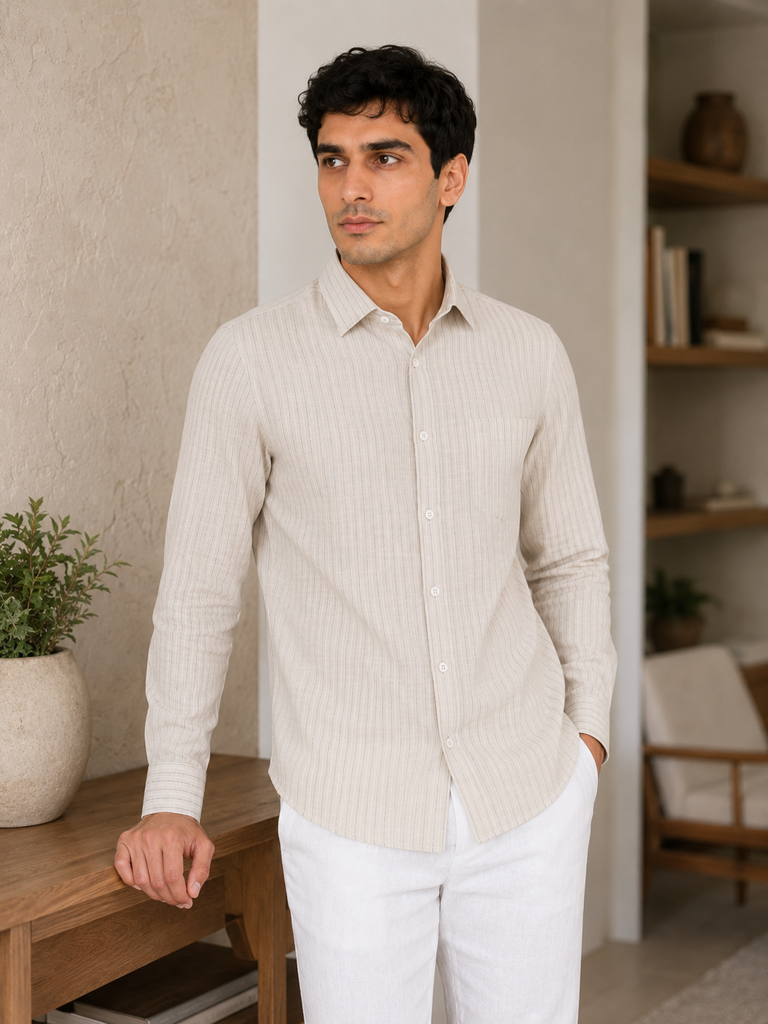 Men’s Beige Striped Cotton-Linen Blend Slim Fit Semi Formal Shirt | MARK & ALBERT