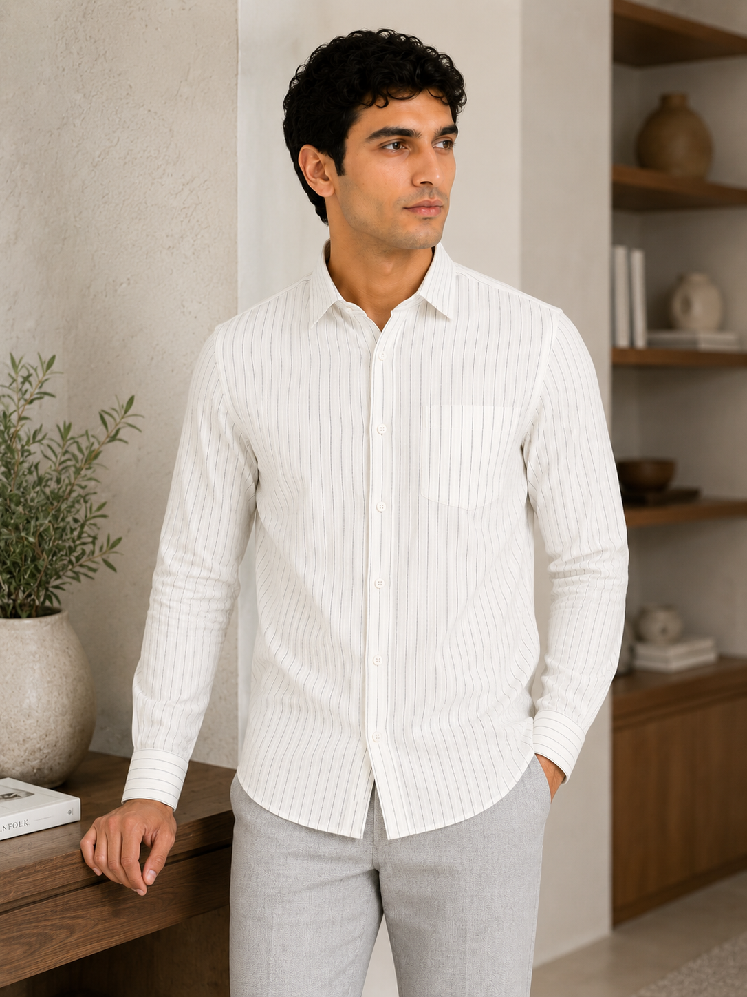 Men’s White Striped Cotton-Linen Blend Slim Fit Semi Formal Shirt | MARK & ALBERT