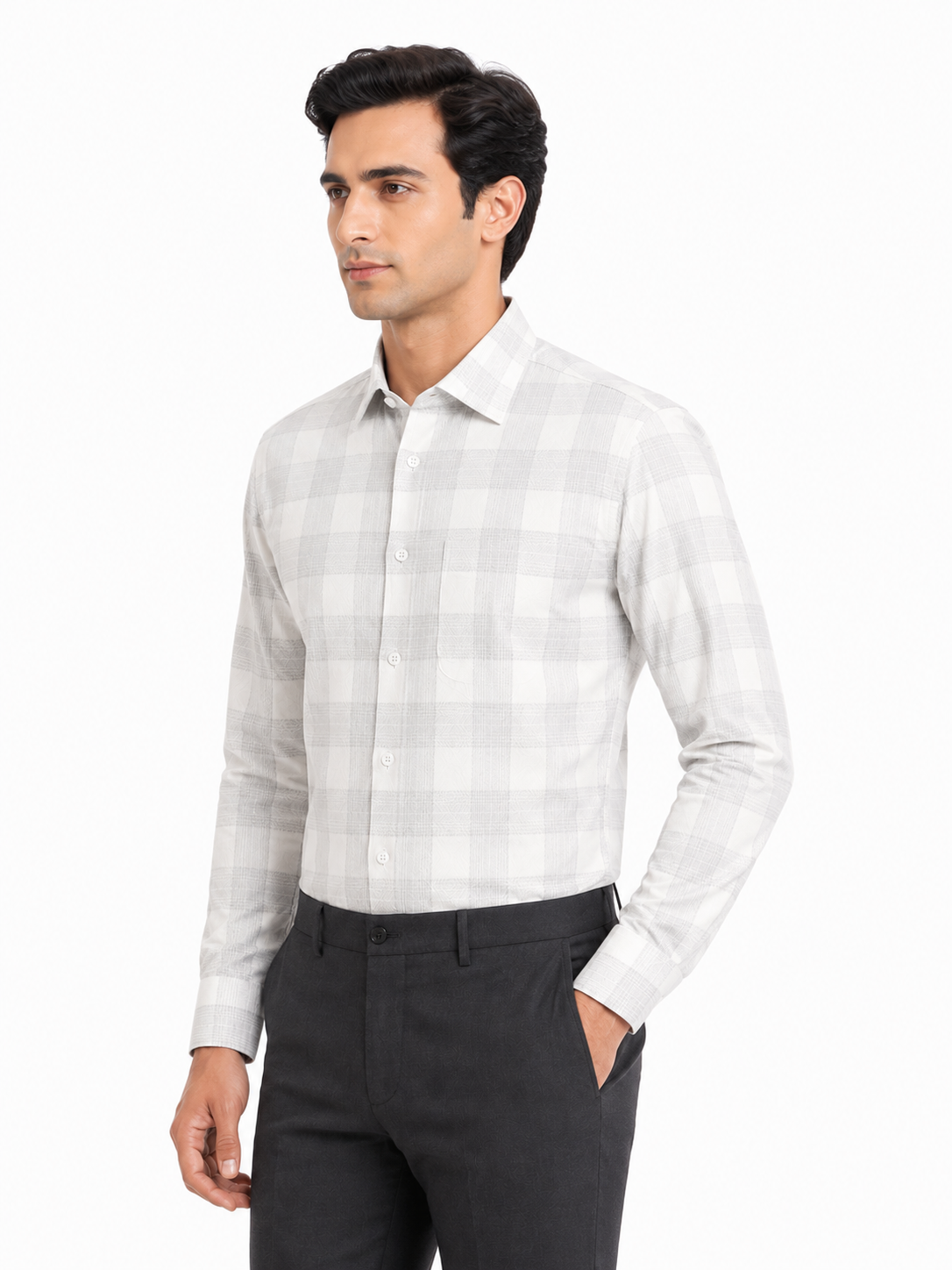 Men’s Grey Checkered 100% Cotton Slim Fit Formal Shirt | MARK & ALBERT