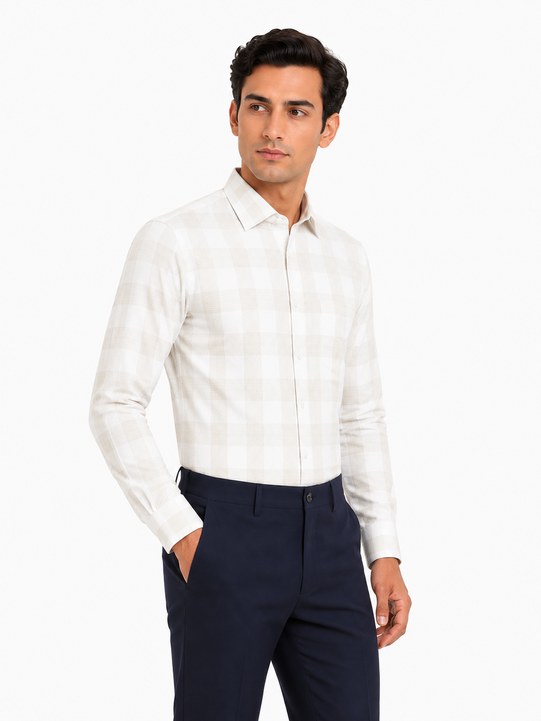 Men’s Beige Checkered 100% Cotton Slim Fit Formal Shirt | MARK & ALBERT