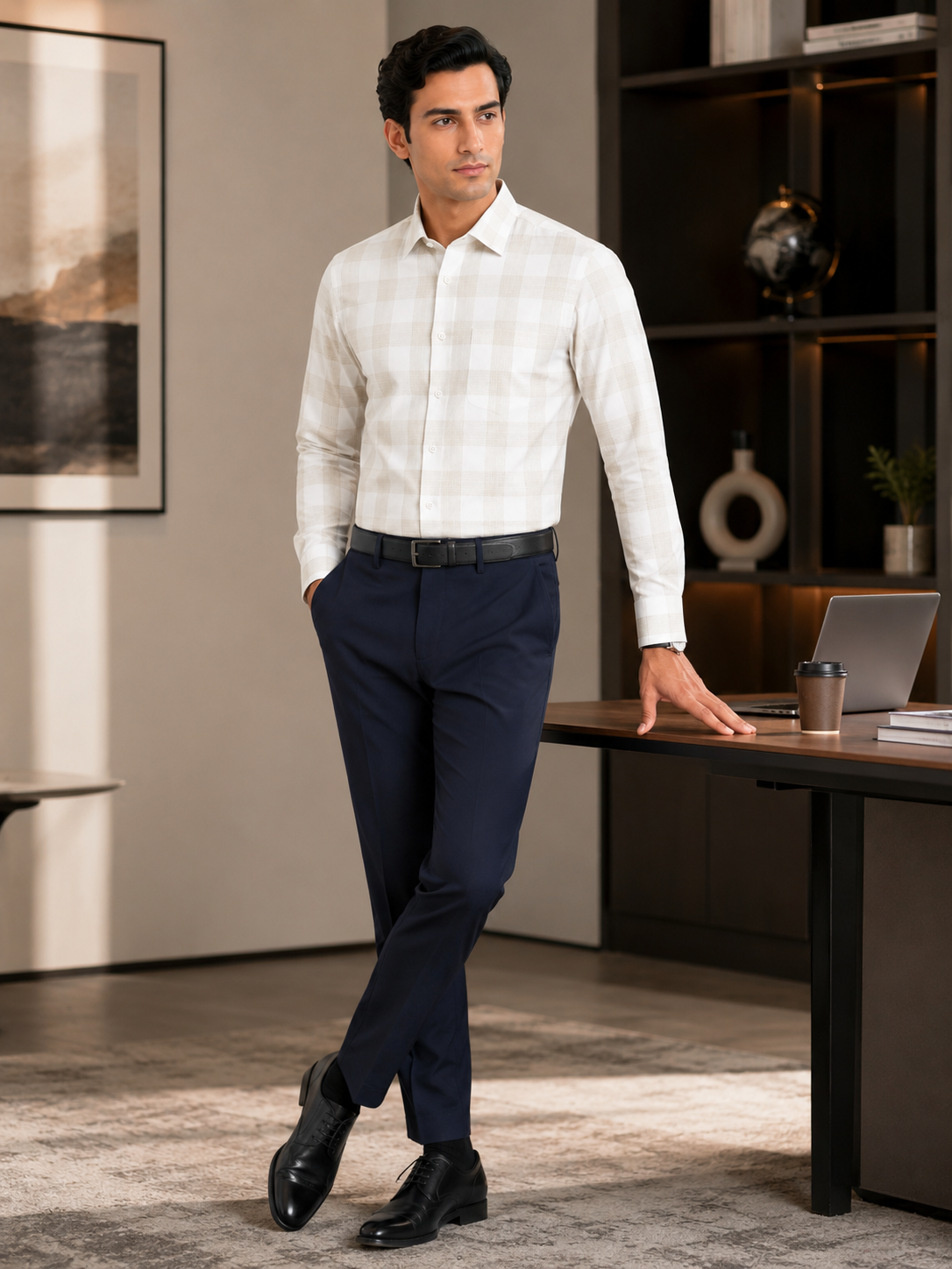 Men’s Beige Checkered 100% Cotton Slim Fit Formal Shirt | MARK & ALBERT