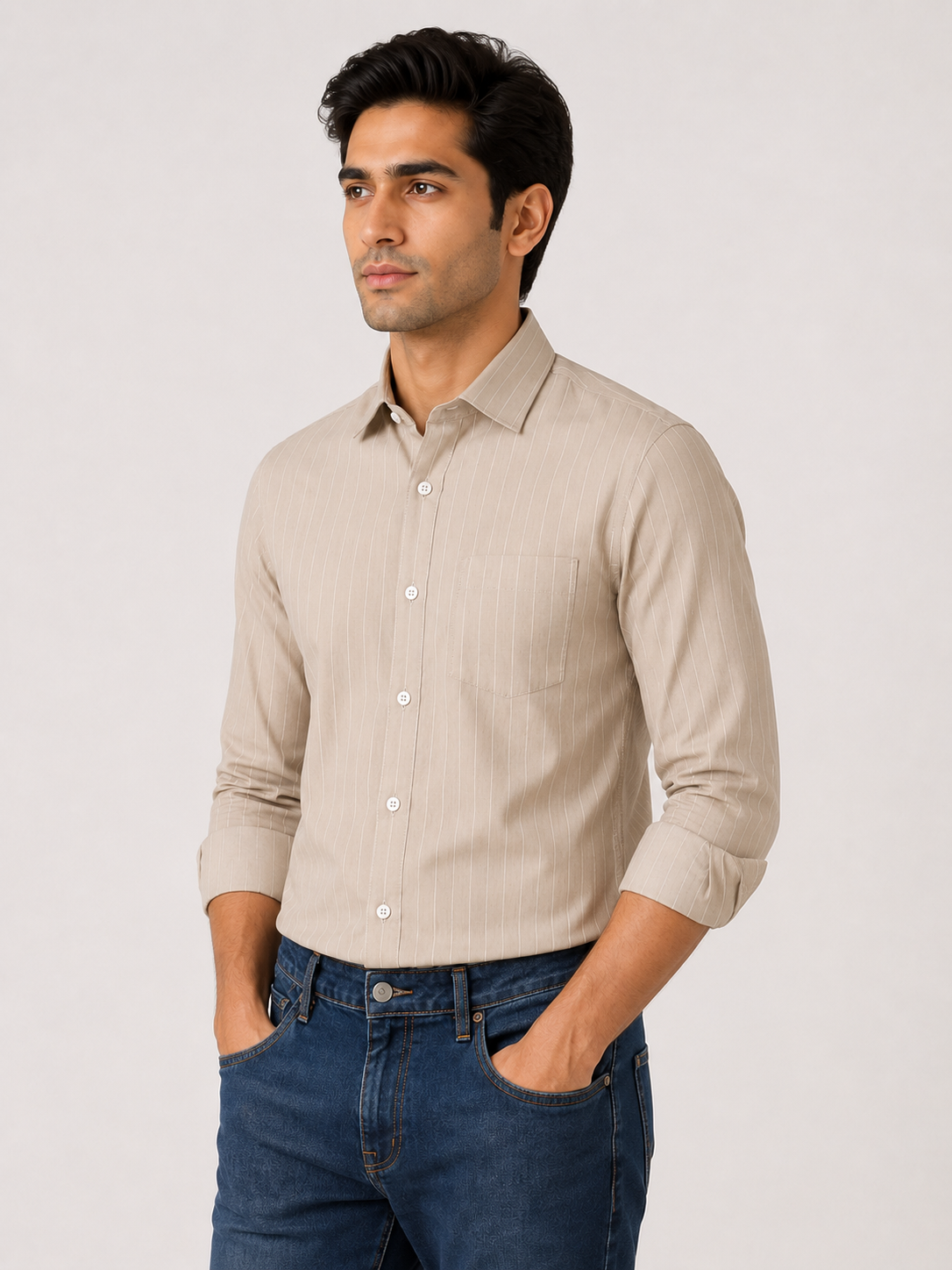 Men’s Beige Striped 100% Cotton Slim Fit Semi Formal Shirt | MARK & ALBERT
