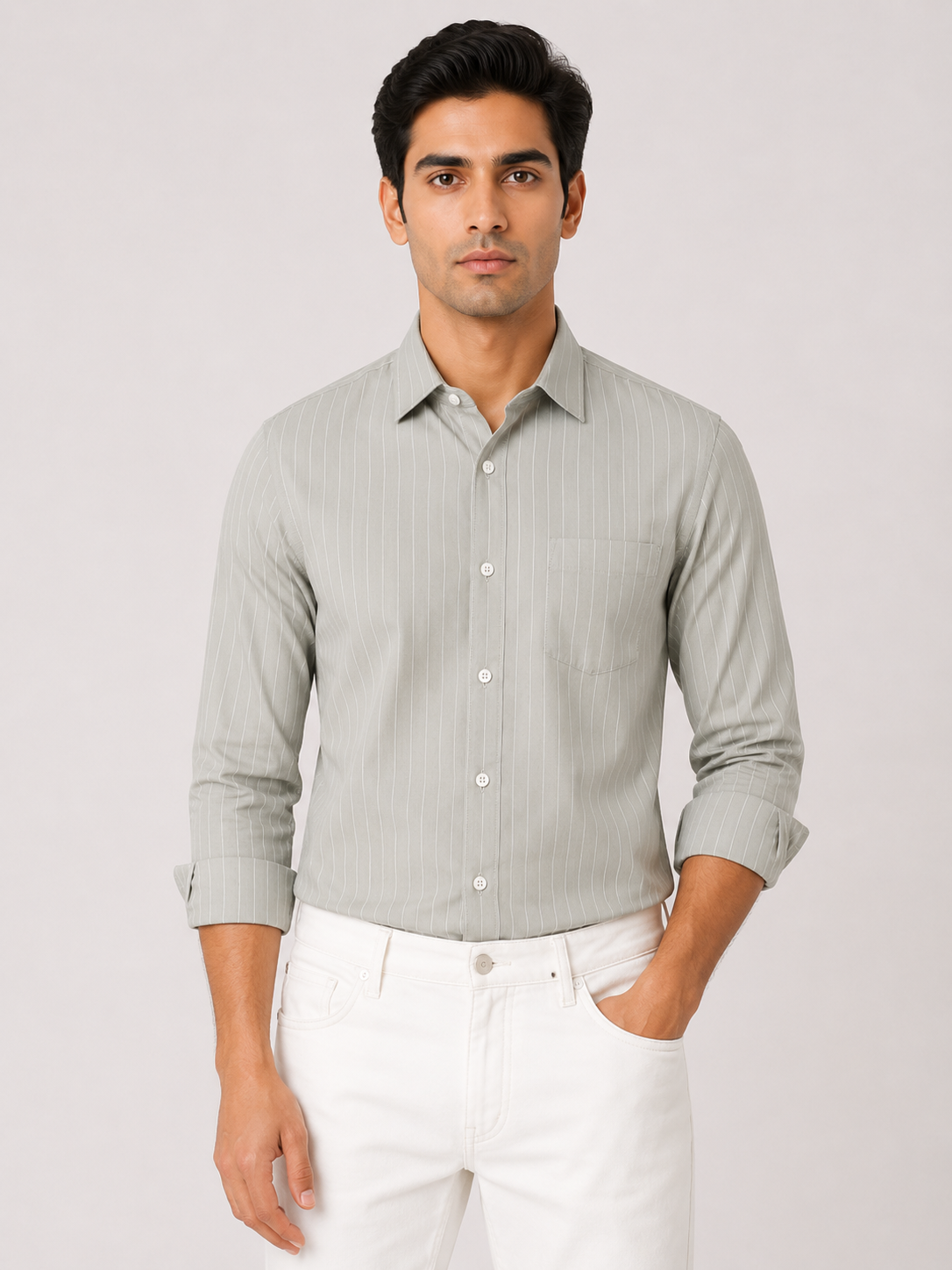 Men’s Sage Green Striped 100% Cotton Slim Fit Semi Formal Shirt | MARK & ALBERT