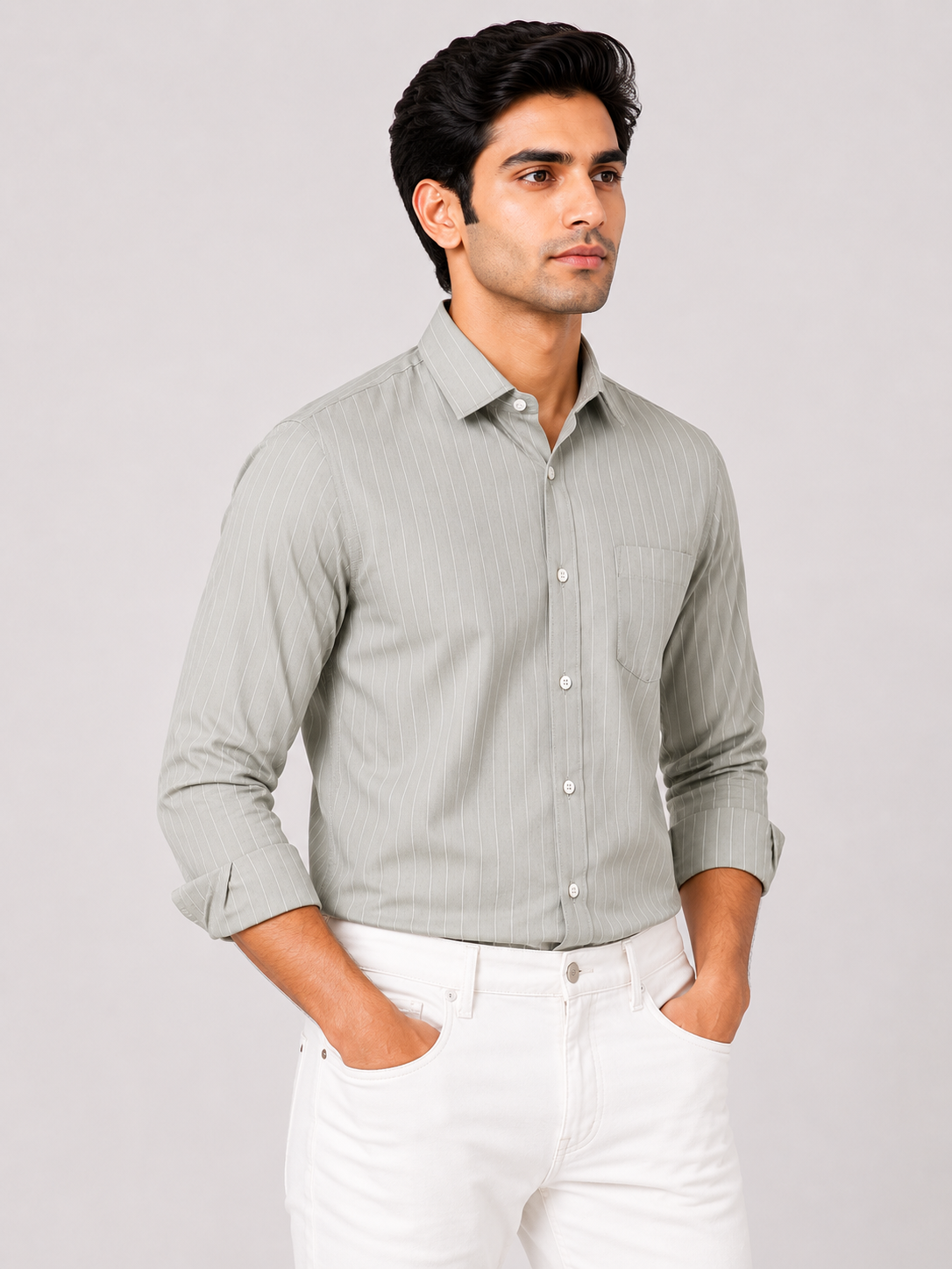 Men’s Sage Green Striped 100% Cotton Slim Fit Semi Formal Shirt | MARK & ALBERT