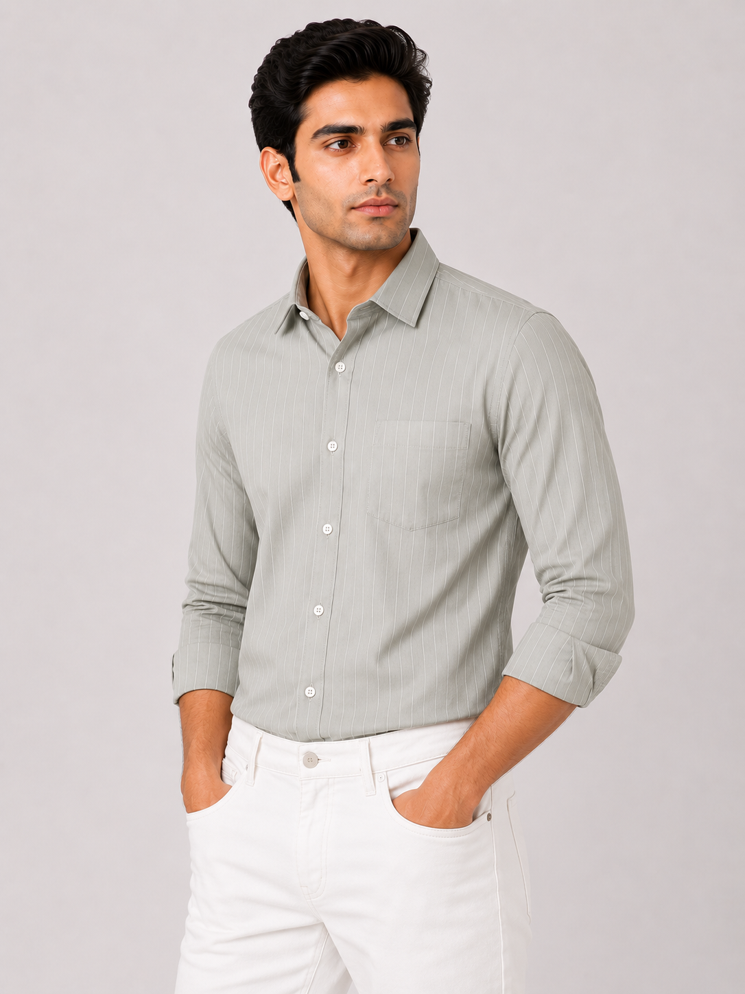 Men’s Sage Green Striped 100% Cotton Slim Fit Semi Formal Shirt | MARK & ALBERT