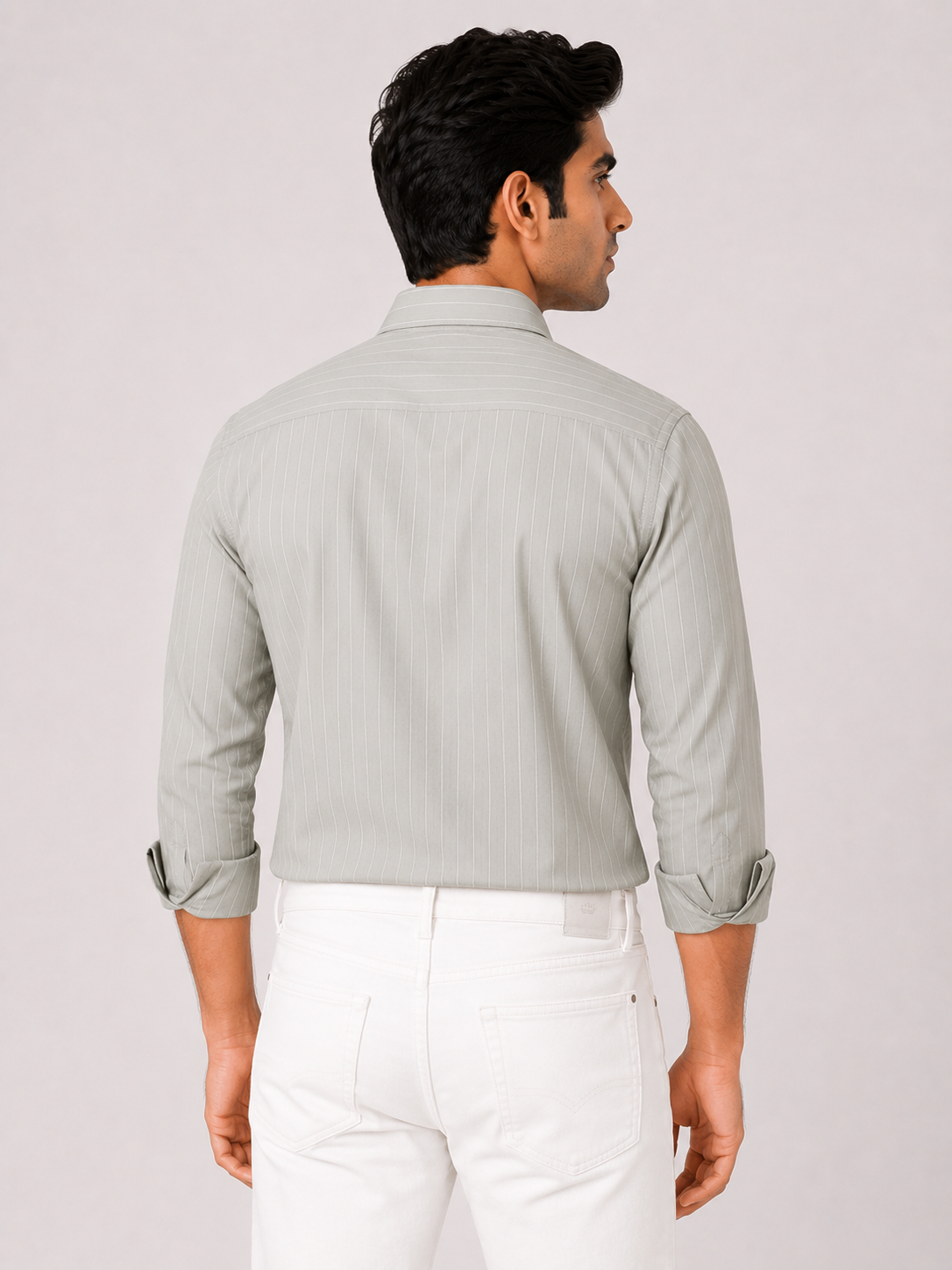 Men’s Sage Green Striped 100% Cotton Slim Fit Semi Formal Shirt | MARK & ALBERT