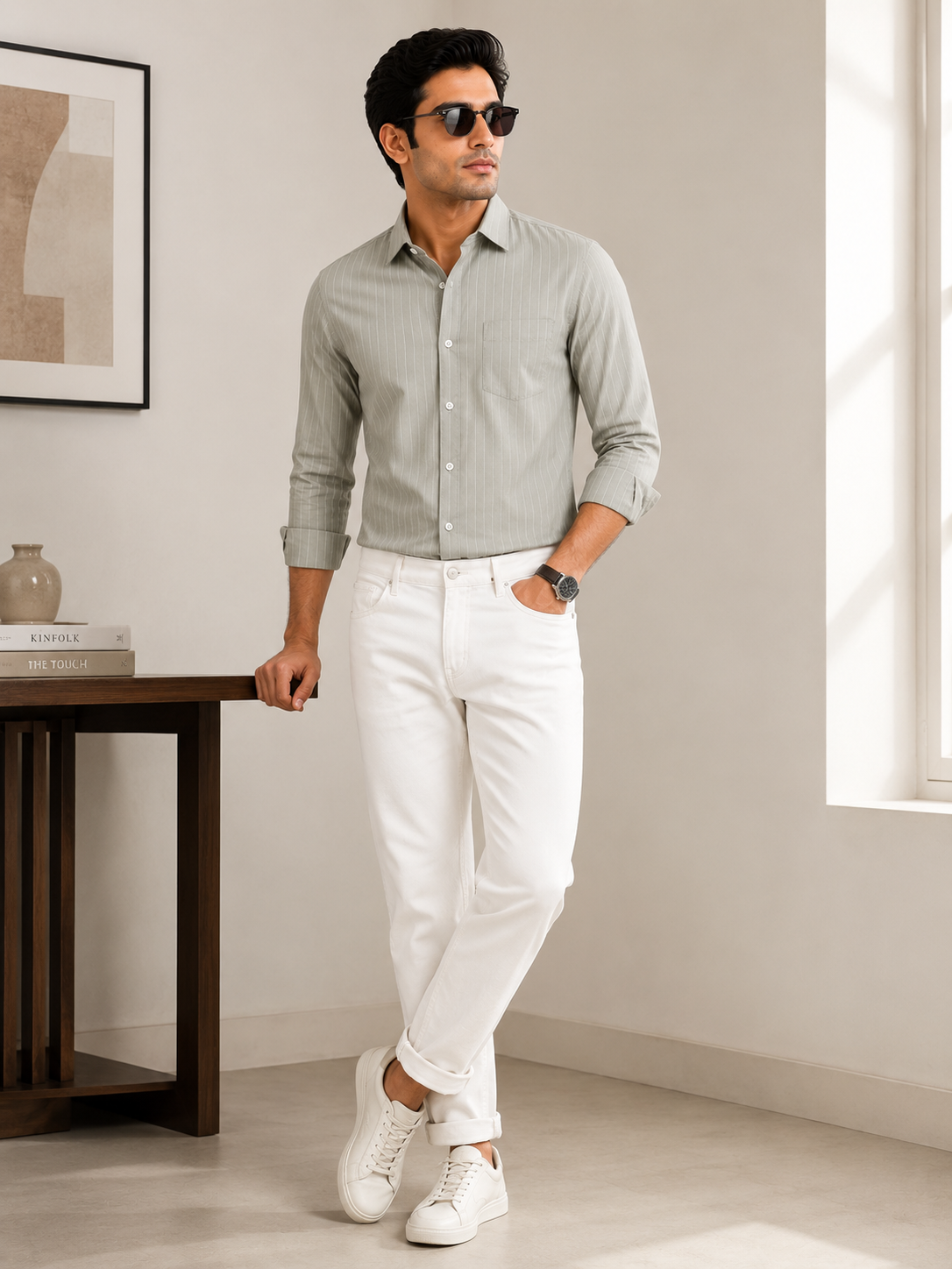 Men’s Sage Green Striped 100% Cotton Slim Fit Semi Formal Shirt | MARK & ALBERT