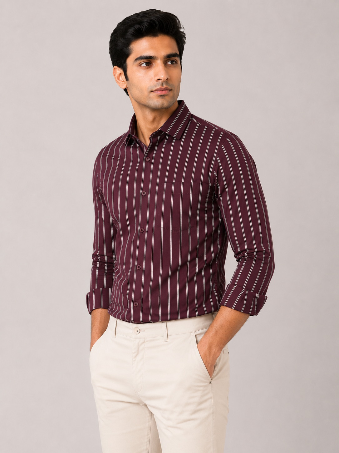 Men’s Maroon Striped 100% Cotton Slim Fit Semi Formal Shirt | MARK & ALBERT