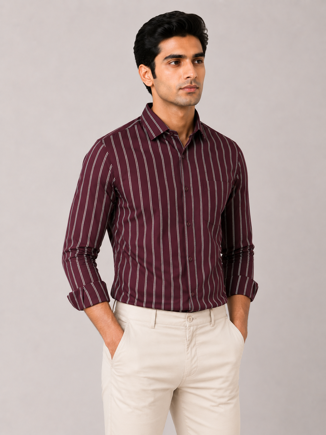 Men’s Maroon Striped 100% Cotton Slim Fit Semi Formal Shirt | MARK & ALBERT