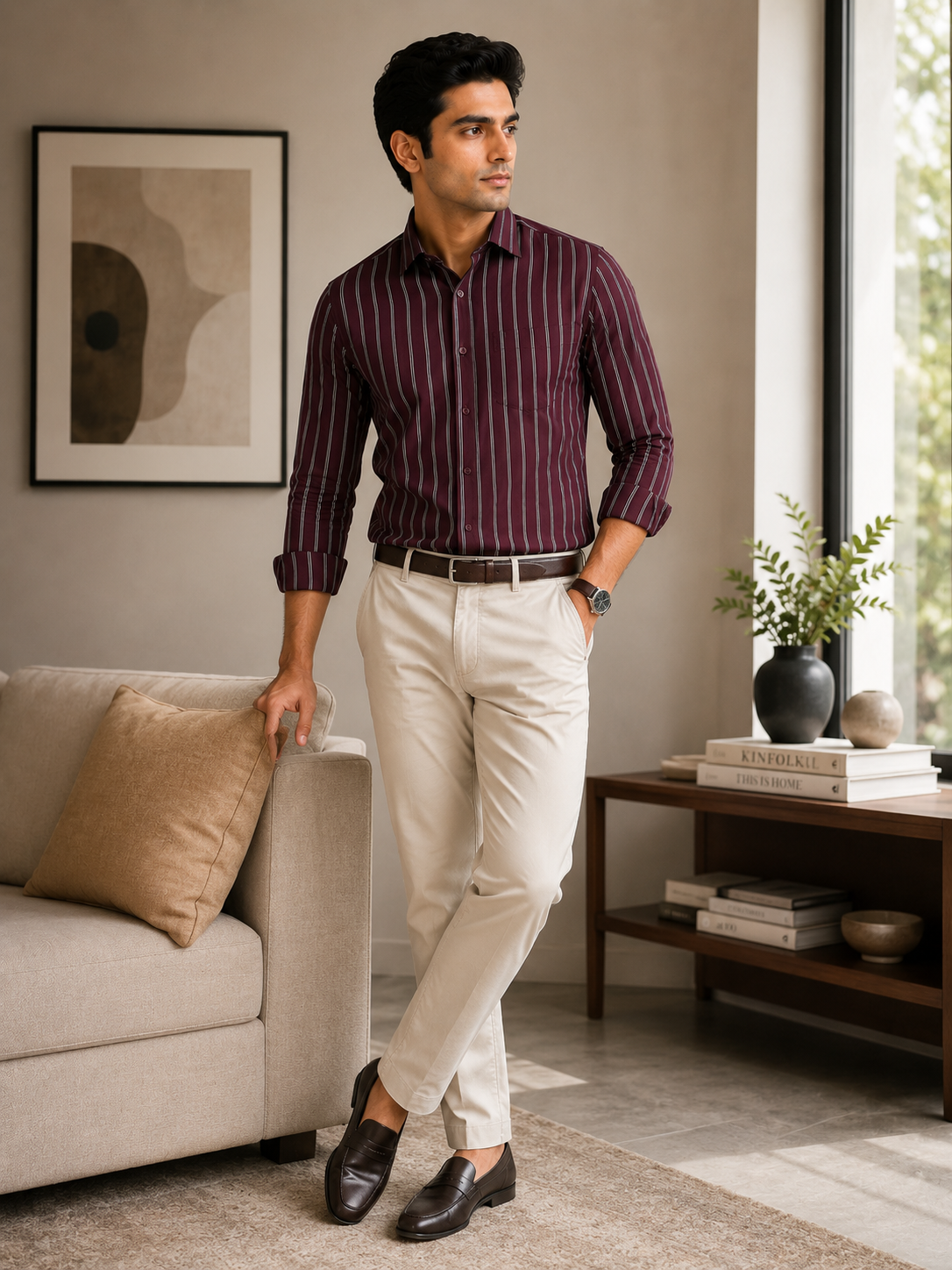 Men’s Maroon Striped 100% Cotton Slim Fit Semi Formal Shirt | MARK & ALBERT