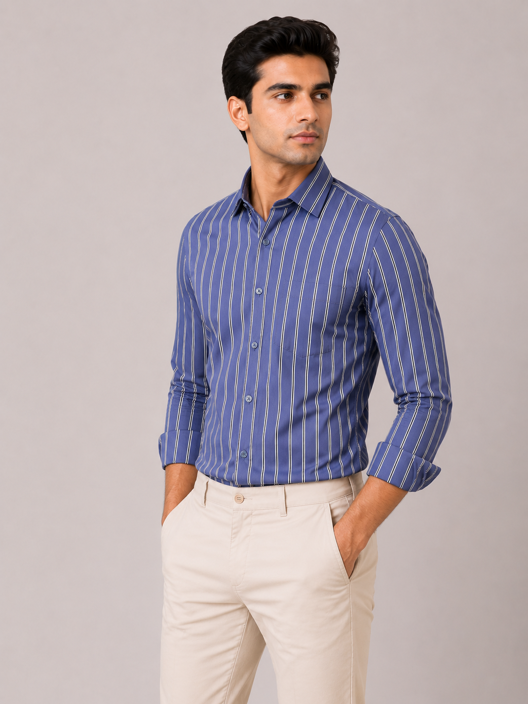 Men’s Blue Striped 100% Cotton Slim Fit Semi Formal Shirt | MARK & ALBERT