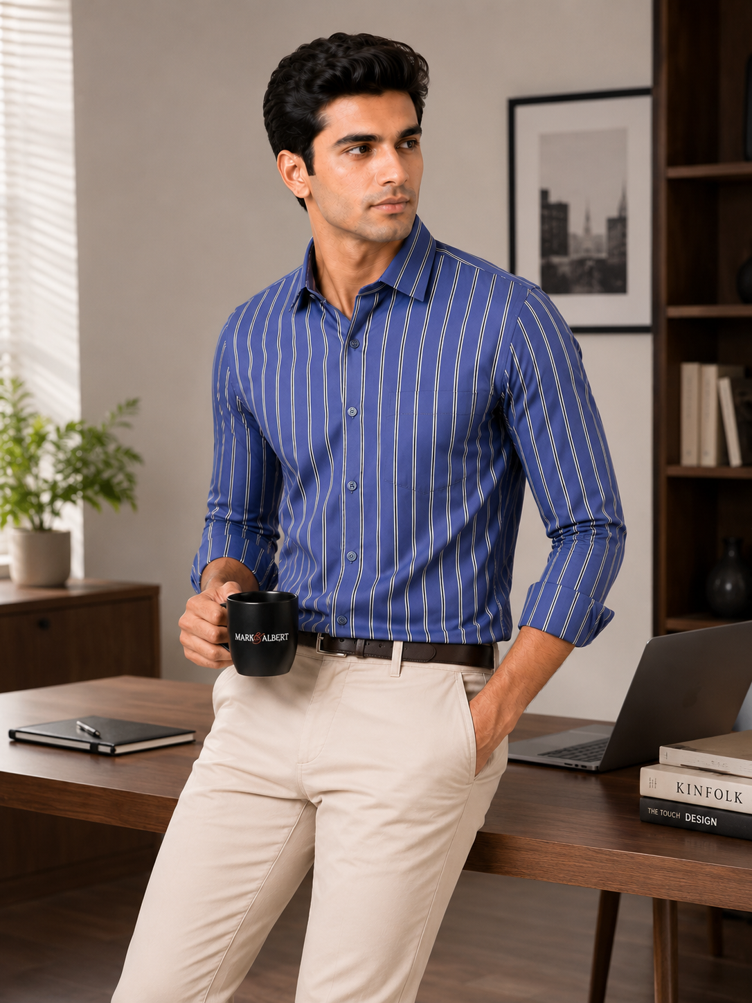 Men’s Blue Striped 100% Cotton Slim Fit Semi Formal Shirt | MARK & ALBERT