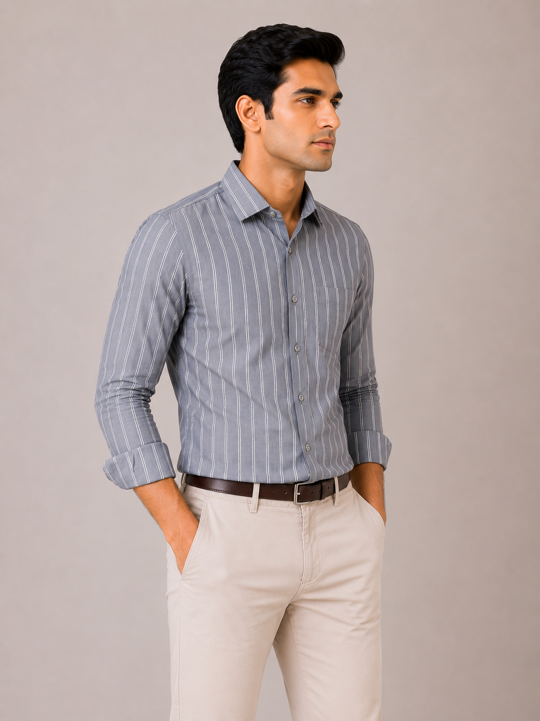 Men’s Steel Blue Striped 100% Cotton Slim Fit Semi Formal Shirt | MARK & ALBERT