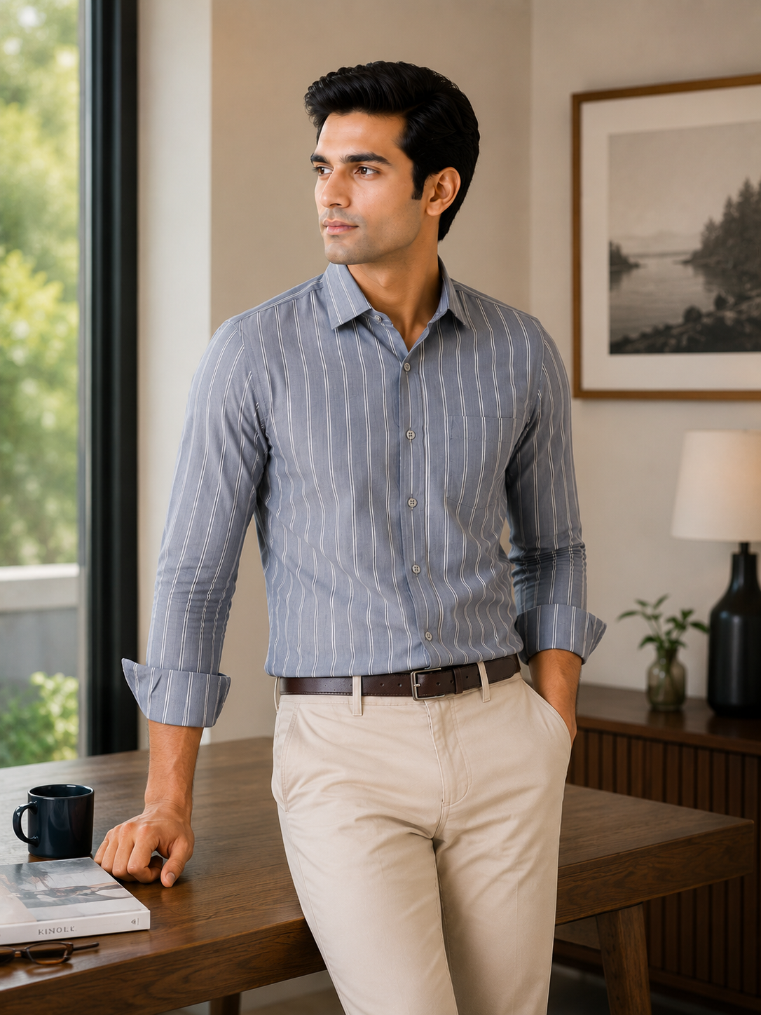 Men’s Steel Blue Striped 100% Cotton Slim Fit Semi Formal Shirt | MARK & ALBERT