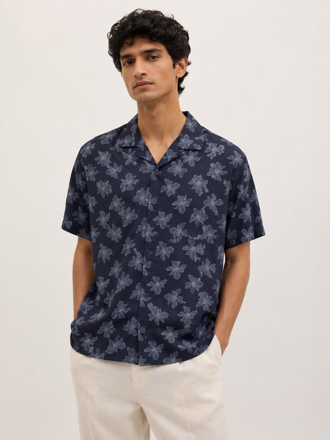 Men’s Navy Blue Floral Print 100% Cotton Relaxed Fit Half Sleeve Shirt | MARK & ALBERT