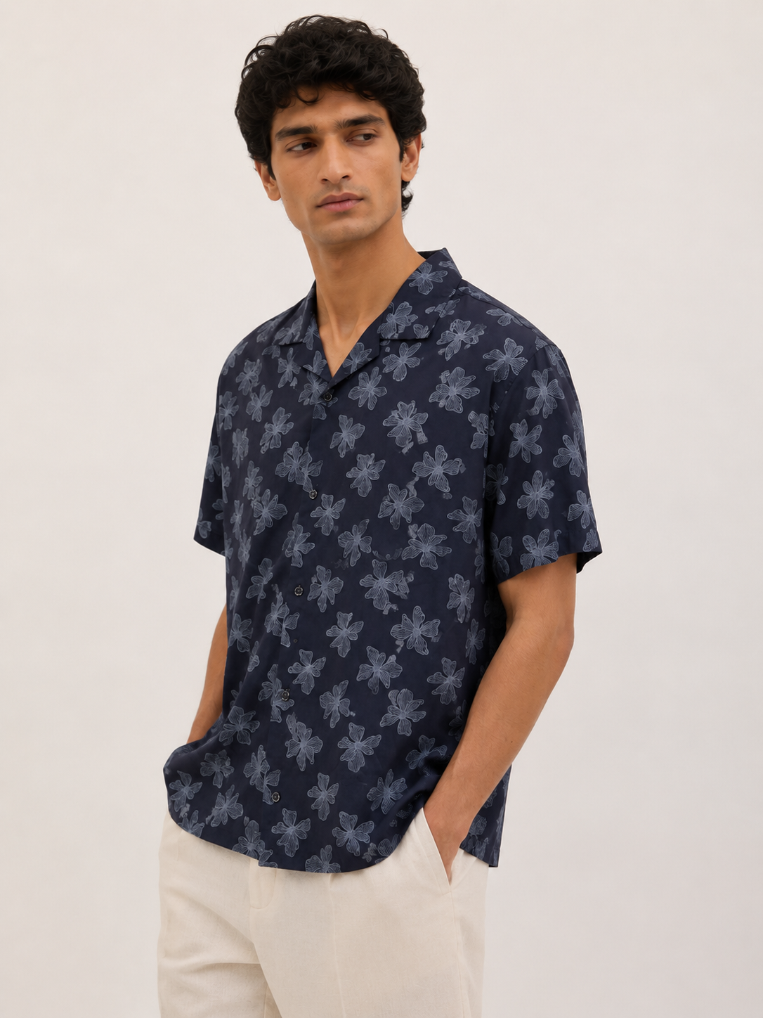 Men’s Navy Blue Floral Print 100% Cotton Relaxed Fit Half Sleeve Shirt | MARK & ALBERT